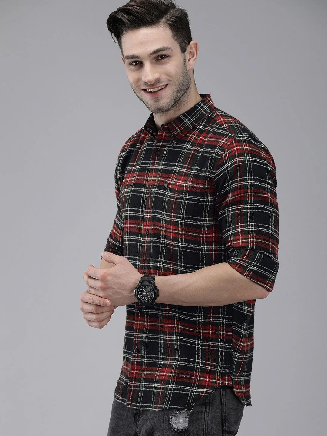 THE BEAR HOUSE Men Black & Red Slim Fit Tartan Checked Flannel Pure Cotton Casual Shirt - Image 5