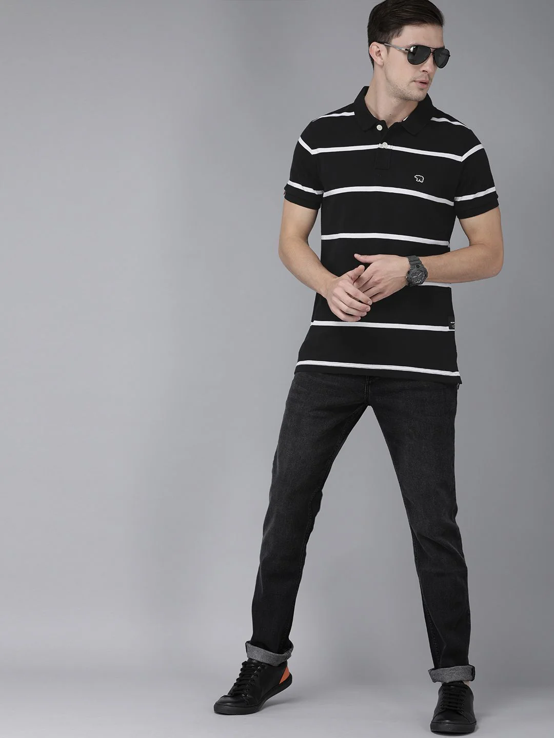 THE BEAR HOUSE Men Black  White Striped Polo Collar Slim Fit Pure Cotton T-shirt - Image 4