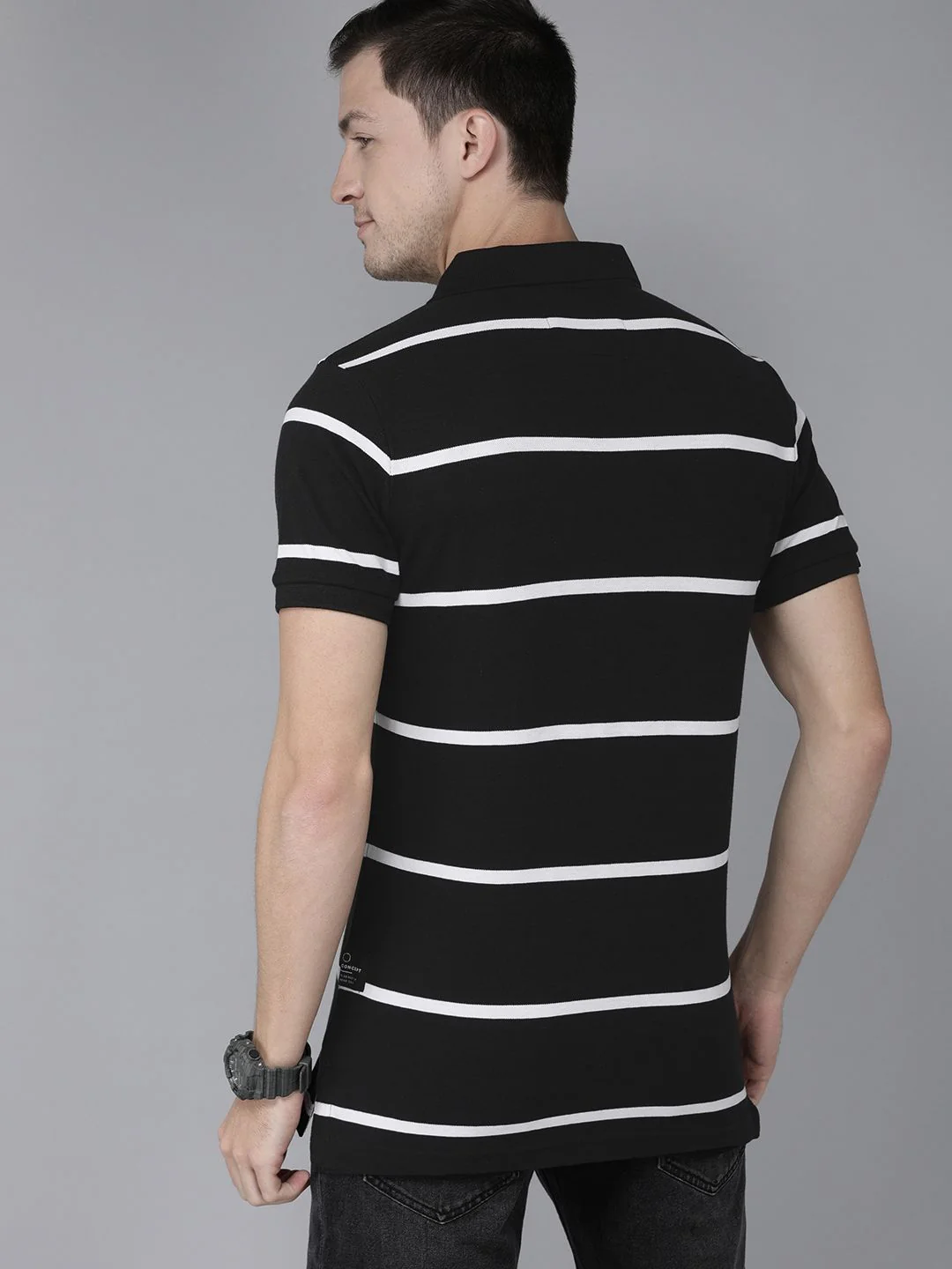 THE BEAR HOUSE Men Black  White Striped Polo Collar Slim Fit Pure Cotton T-shirt - Image 5