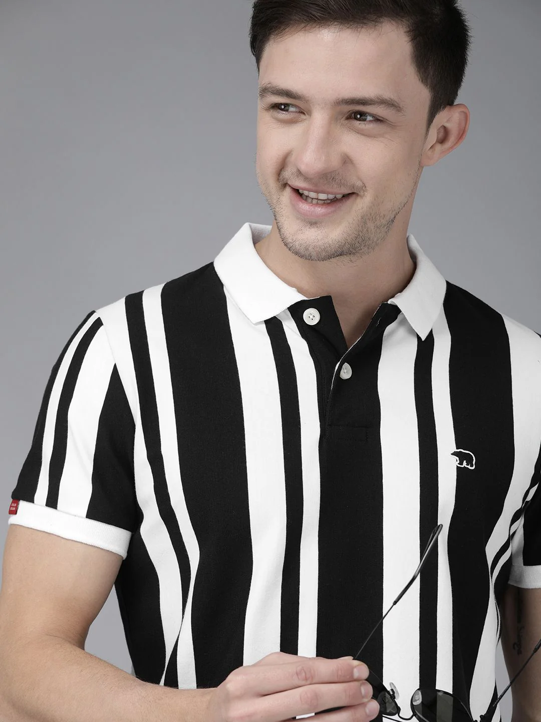 THE BEAR HOUSE Men Black White Striped Polo Collar Slim Fit Pure Cotton T-shirt