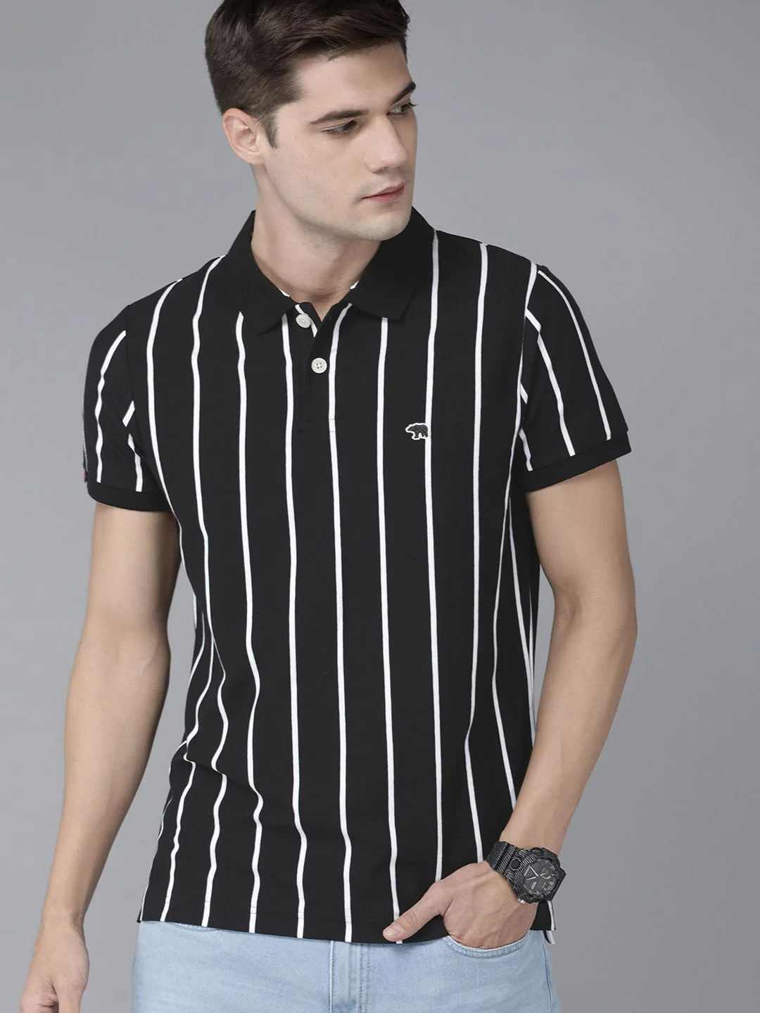 THE BEAR HOUSE Men Black & White Striped Yarndyed Polo Collar Slim Fit T-shirt - Image 3