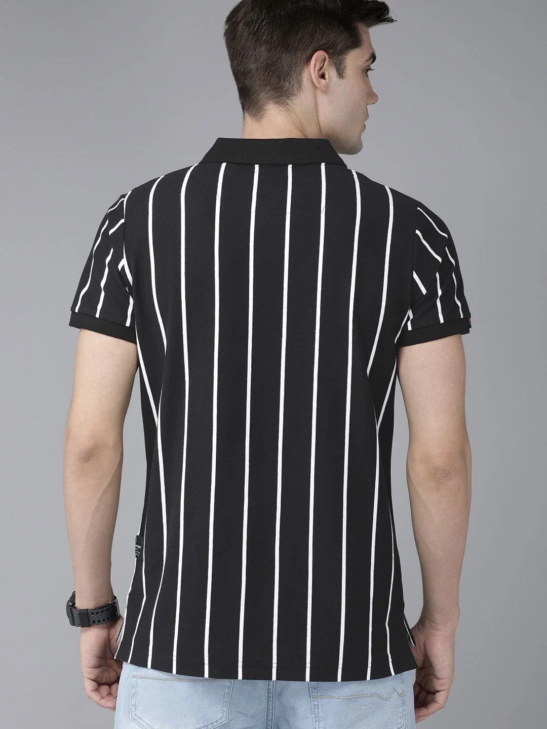 THE BEAR HOUSE Men Black & White Striped Yarndyed Polo Collar Slim Fit T-shirt - Image 5