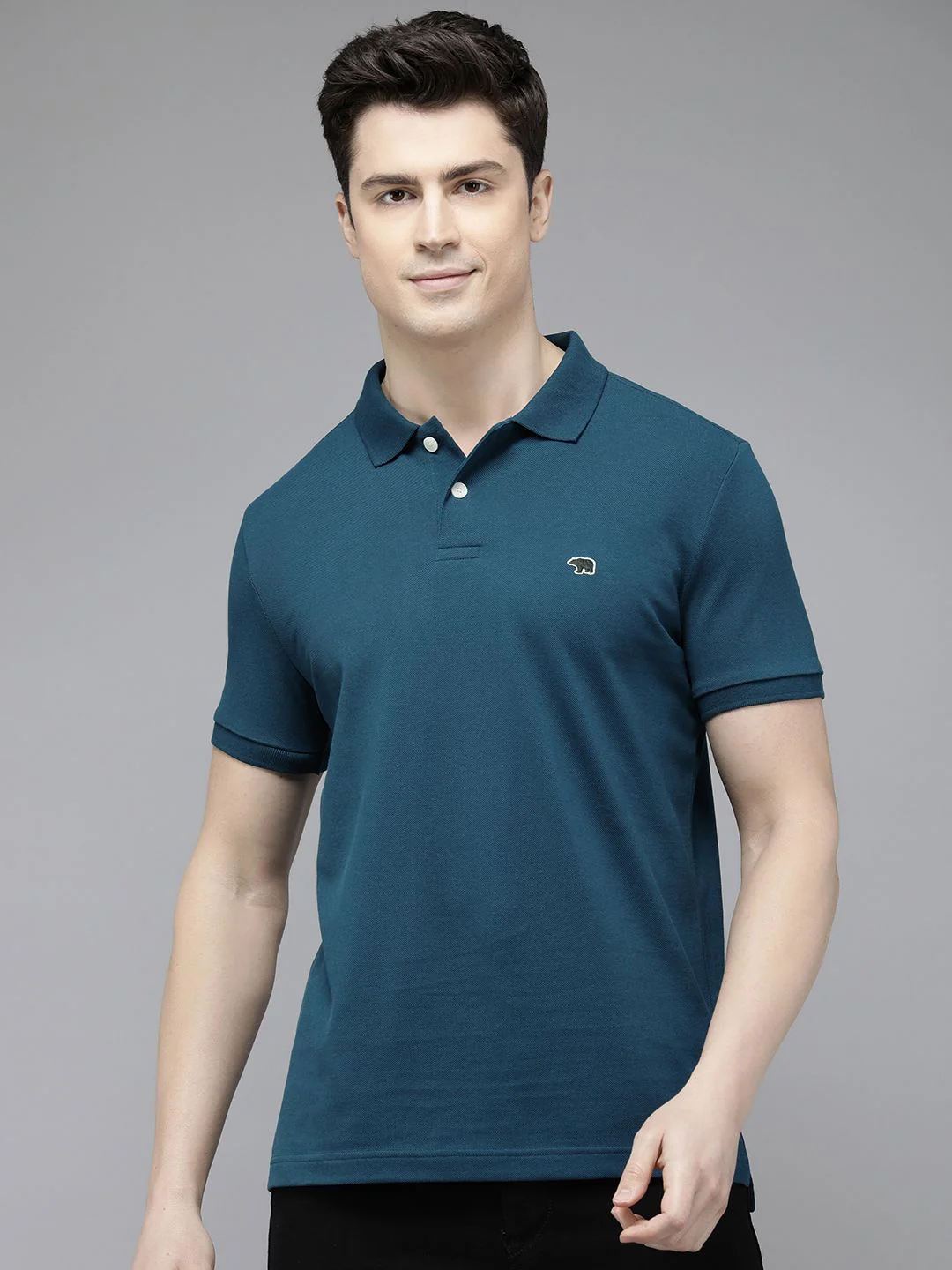 THE BEAR HOUSE Men Blue Polo Collar Applique Slim Fit T-shirt - Image 3