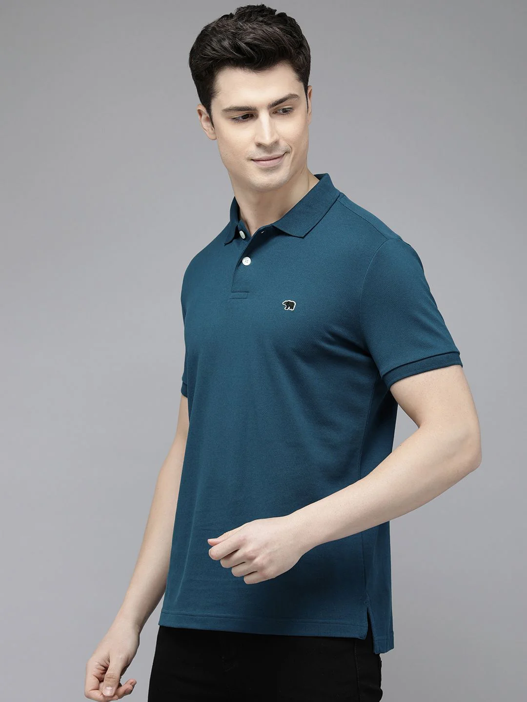 THE BEAR HOUSE Men Blue Polo Collar Applique Slim Fit T-shirt - Image 5