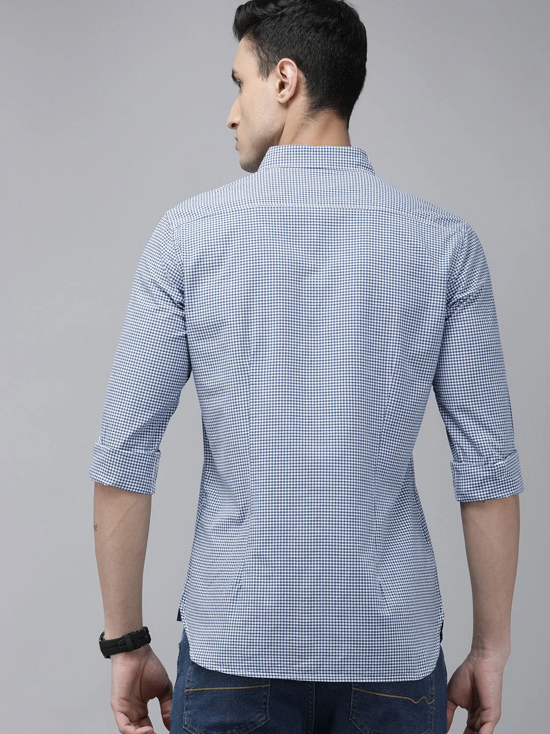 THE BEAR HOUSE Men Blue Pure Cotton Slim Fit Micro Checked Casual Shirt - Image 4