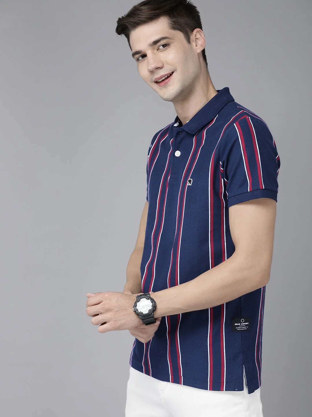 THE BEAR HOUSE Men Blue & Red Yarndyed Polo Collar Slim Fit T-shirt - Image 3