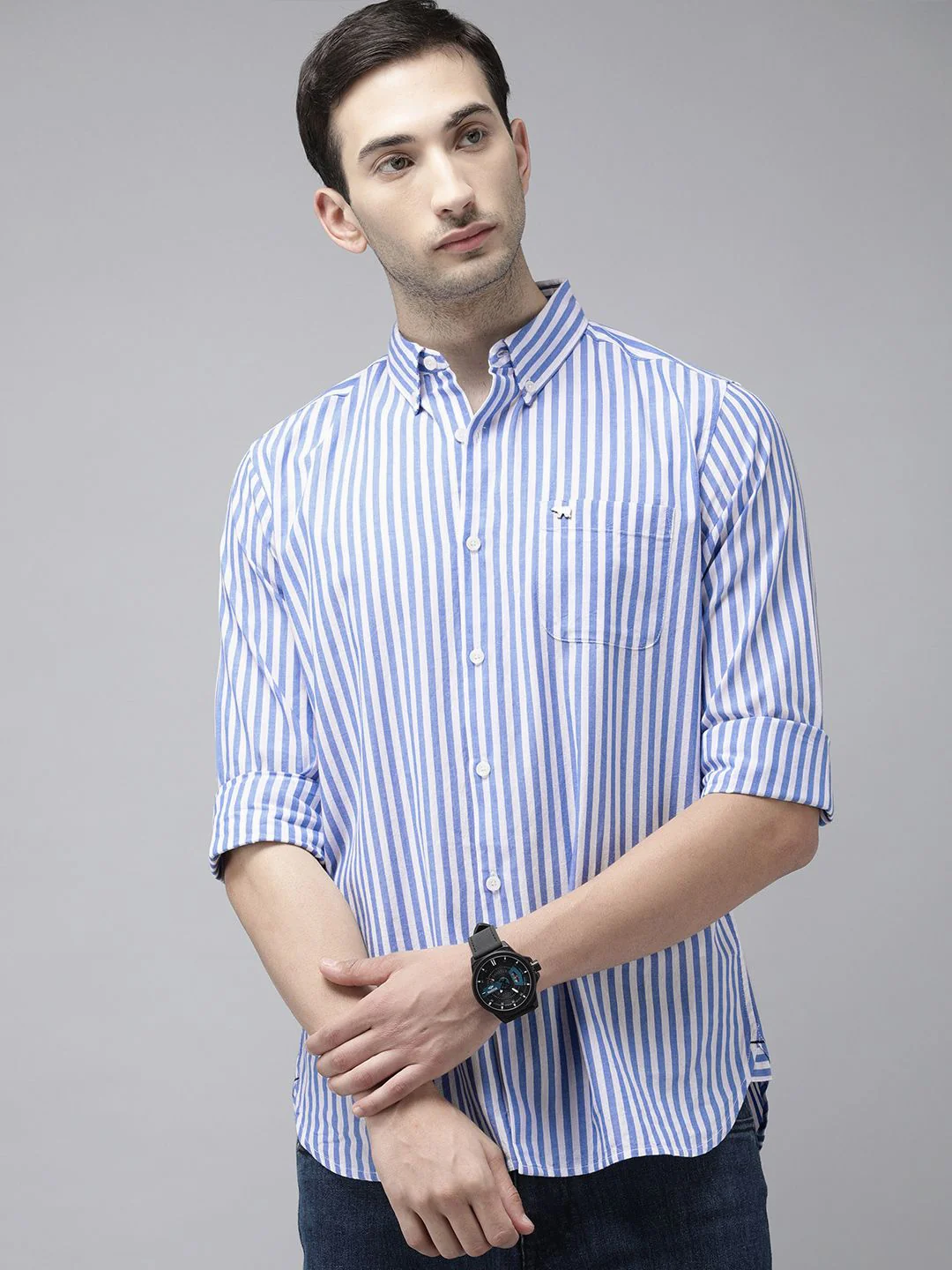 THE BEAR HOUSE Men Blue Slim Fit Bengal Stripes Casual Shirt - Image 5