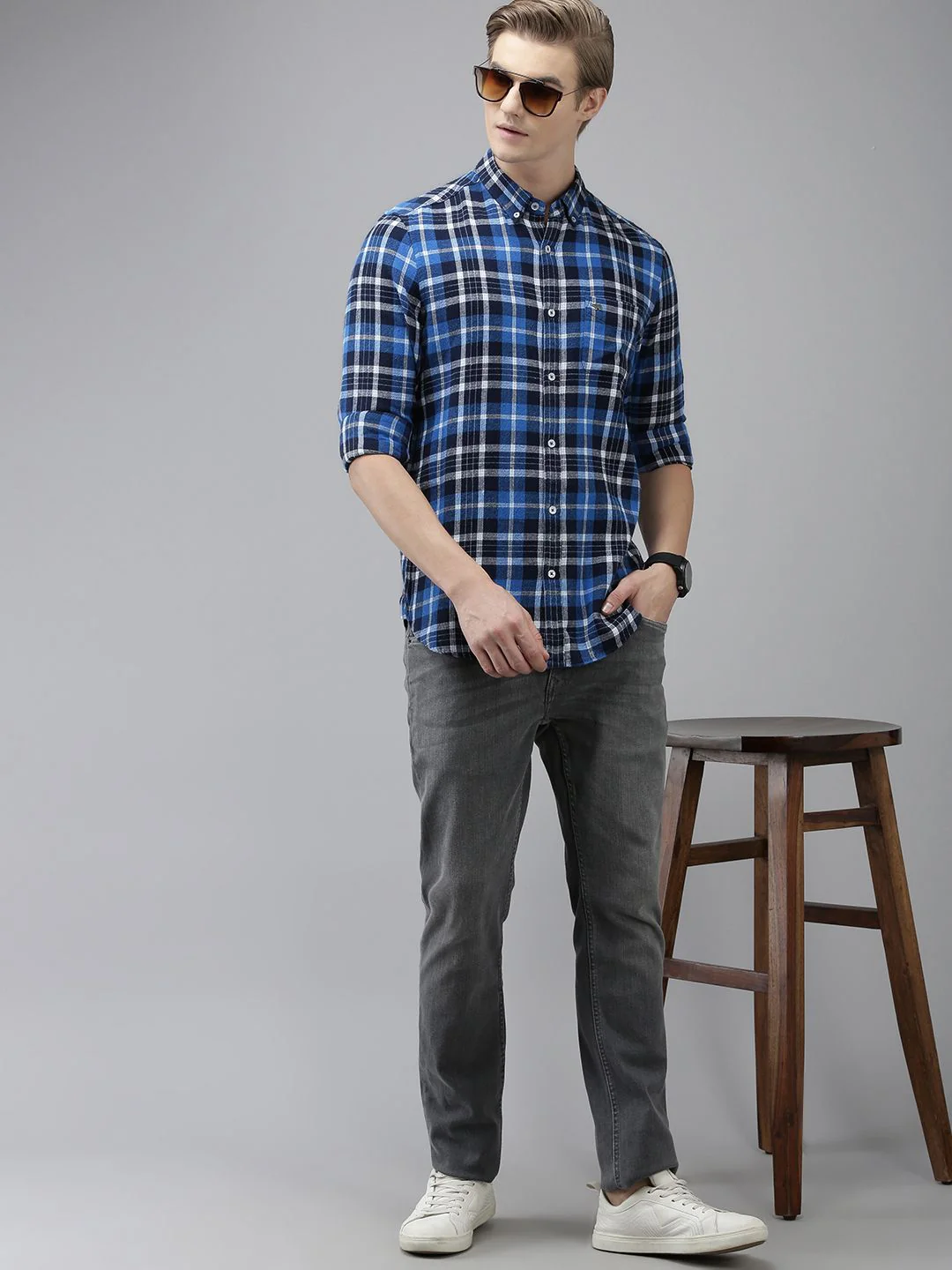 THE BEAR HOUSE Men Blue Slim Fit Opaque Checked Casual Shirt - Image 6