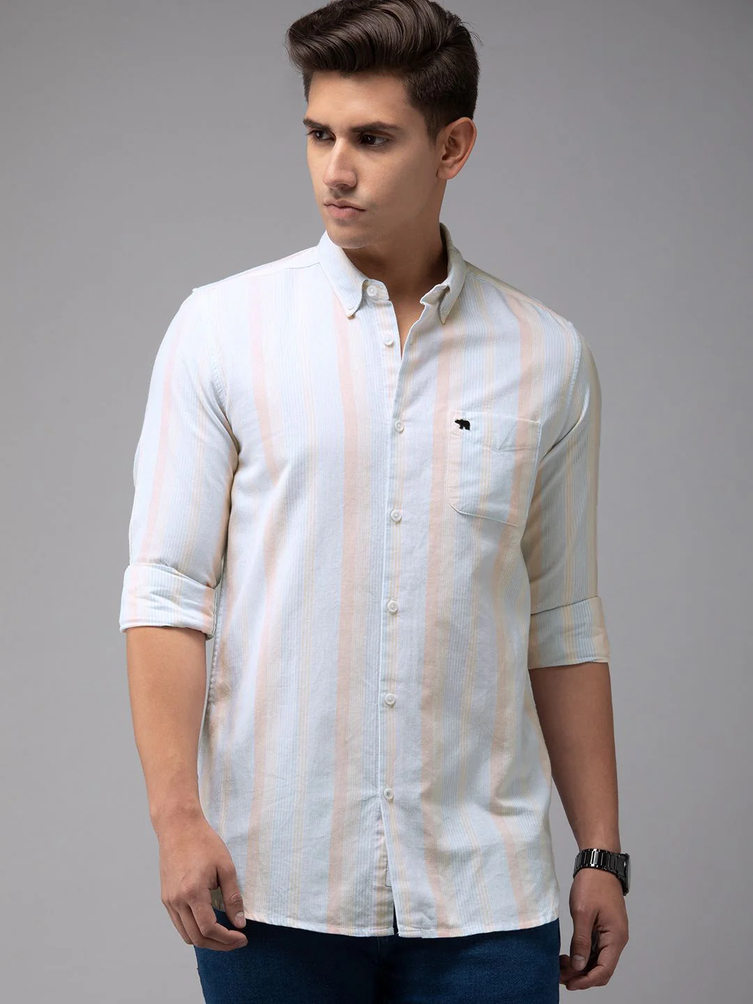 THE BEAR HOUSE Men Blue Slim Fit Pinstripes Striped Casual Shirt - Image 5