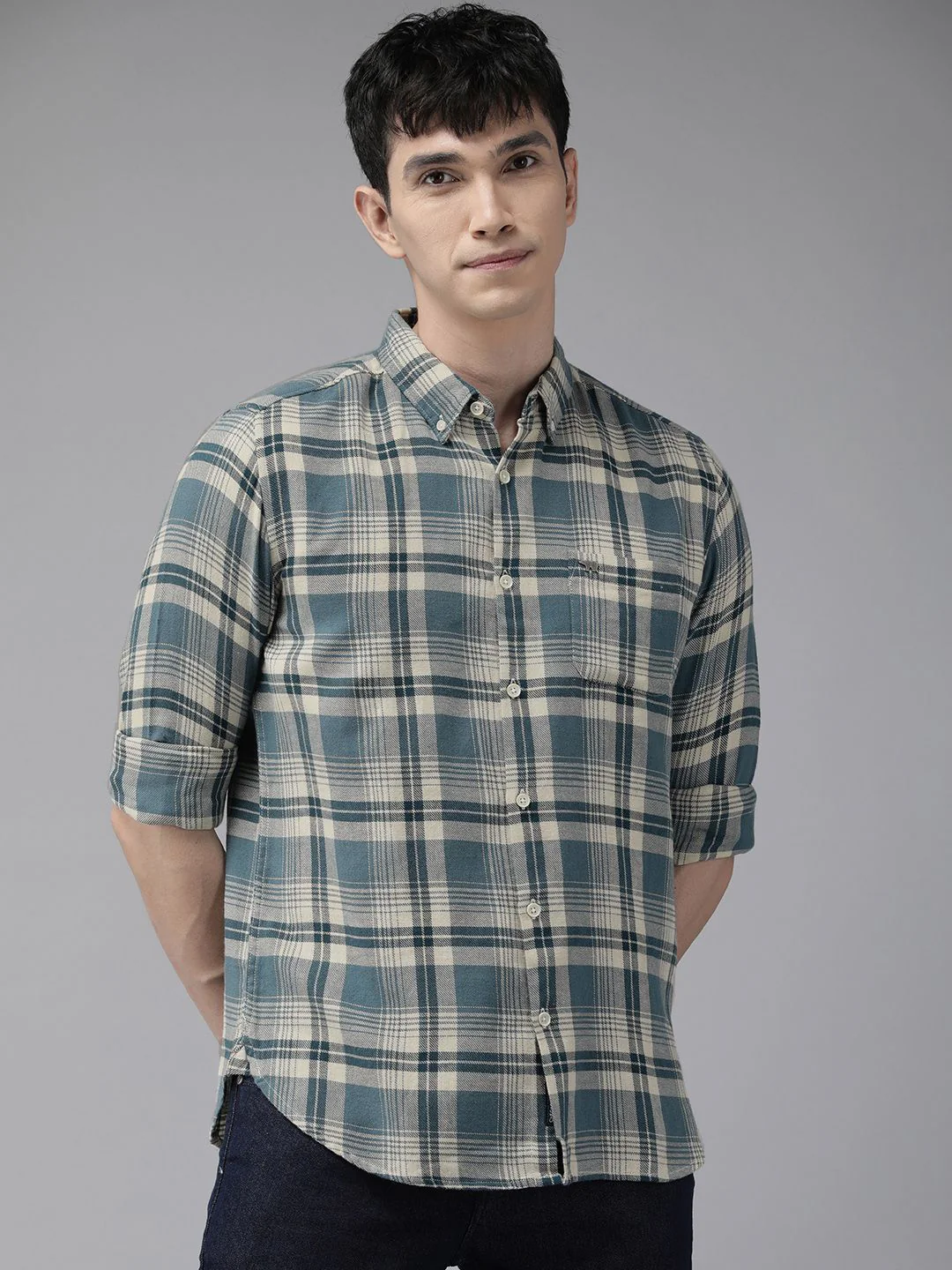 THE BEAR HOUSE Men Blue Slim Fit Tartan Checked Cotton Casual Shirt - Image 5