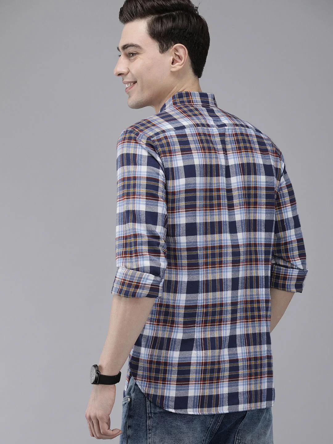 THE BEAR HOUSE Men Blue Slim Fit Tartan Checked Flannel Pure Cotton Casual Shirt - Image 4