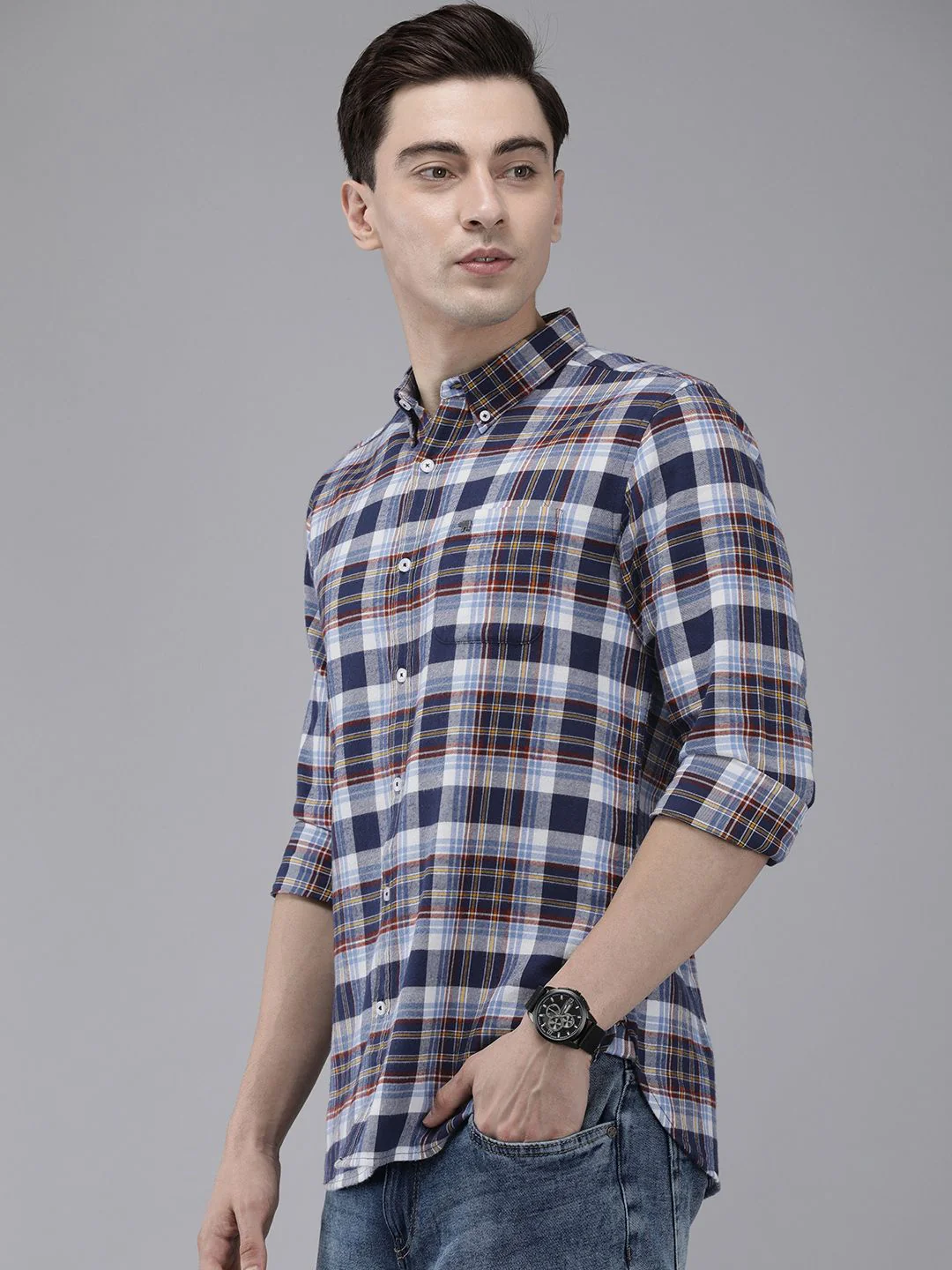 THE BEAR HOUSE Men Blue Slim Fit Tartan Checked Flannel Pure Cotton Casual Shirt - Image 5