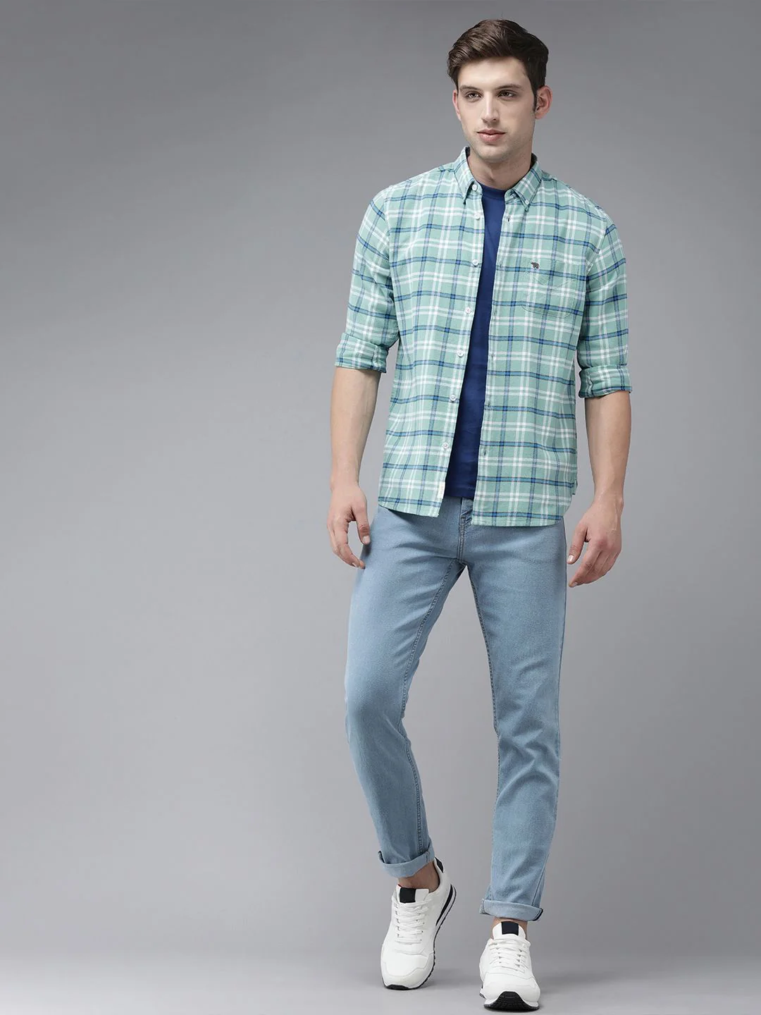 THE BEAR HOUSE Men Blue Slim Fit Tartan Checks Checked Casual Shirt - Image 6