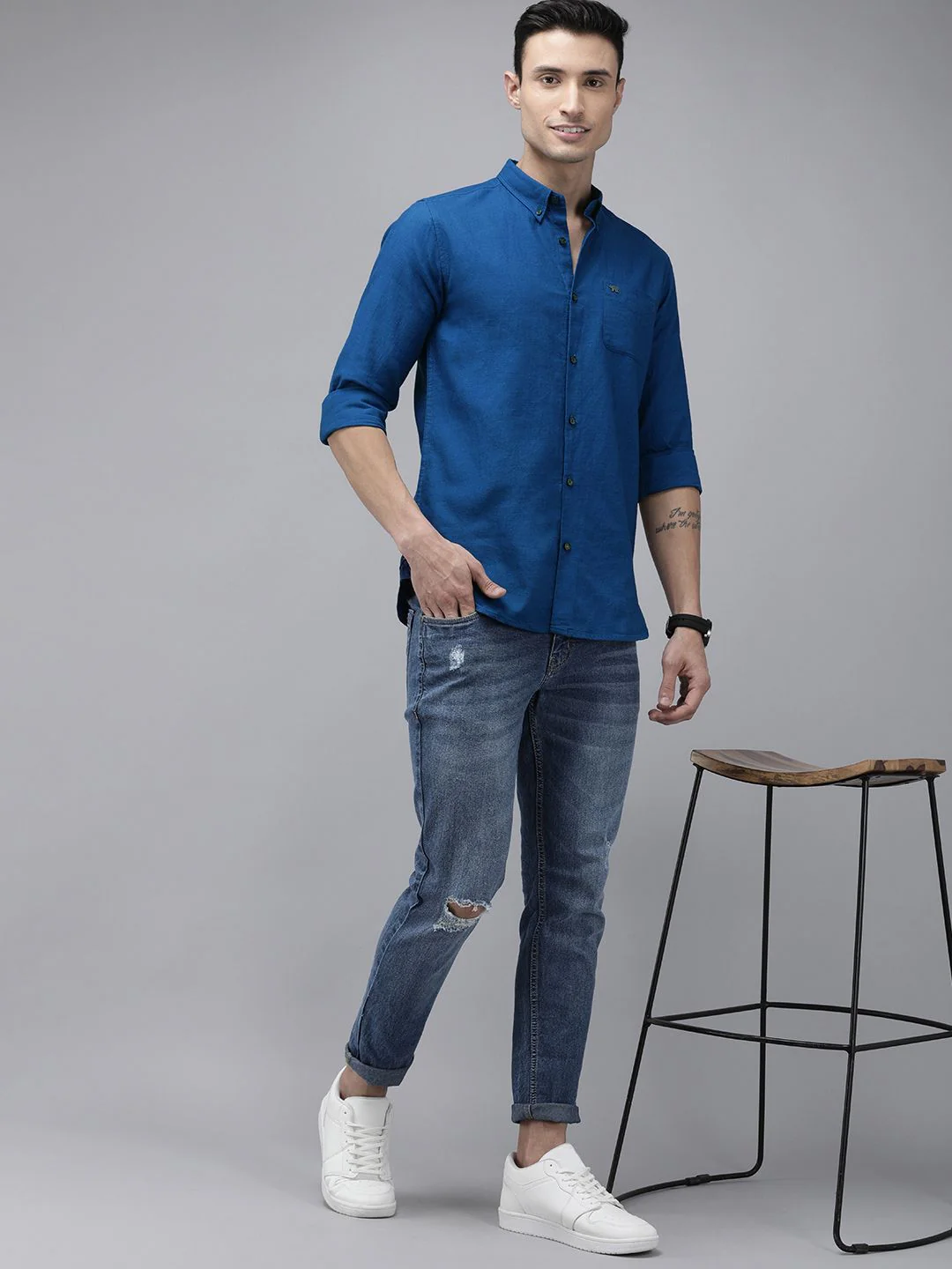 THE BEAR HOUSE Men Blue Solid Cotton Slim Fit Casual Shirt - Image 6