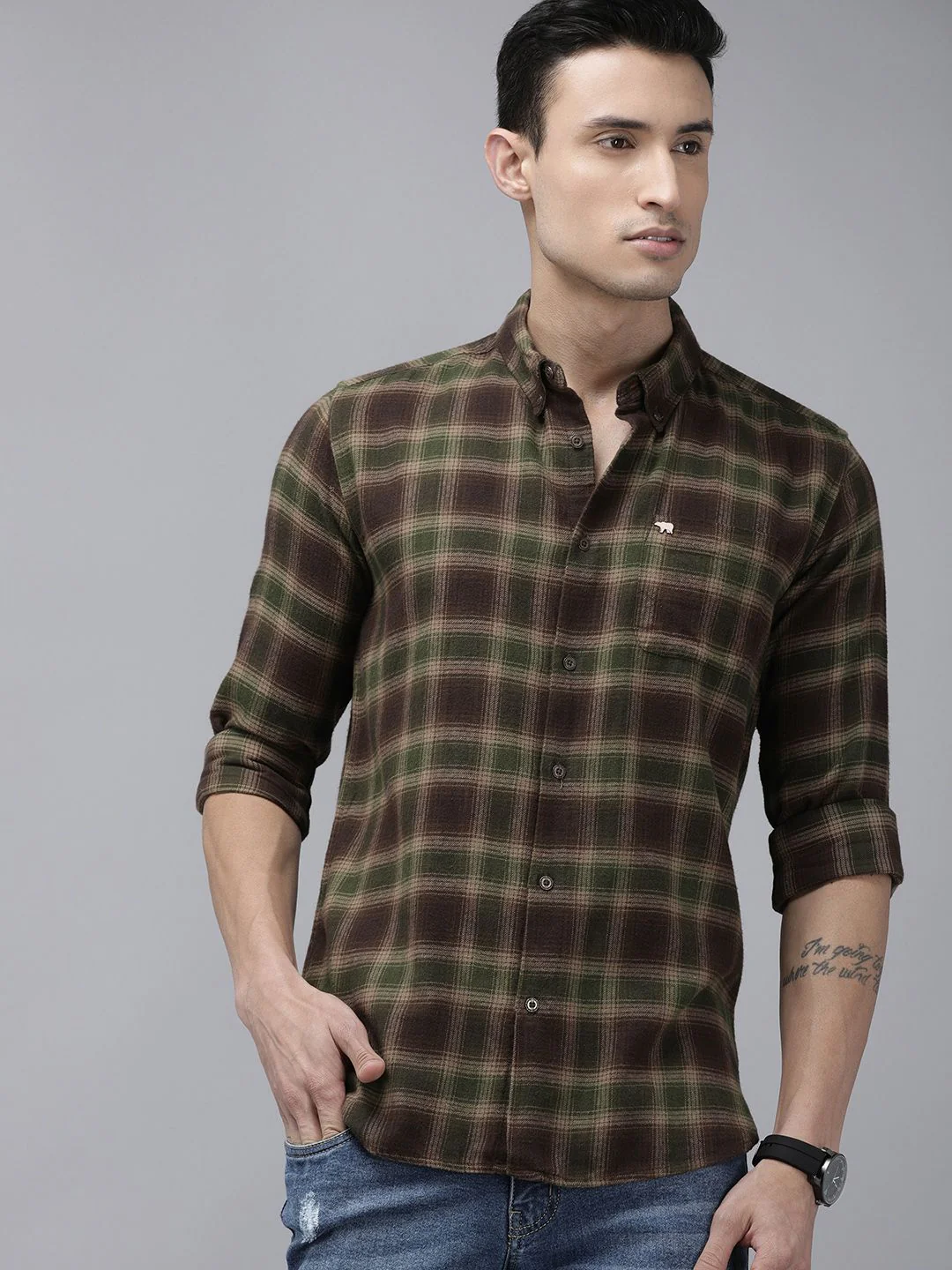THE BEAR HOUSE Men Brown and Green Tartan Checks Slim Fit Casual Shirt - Image 5