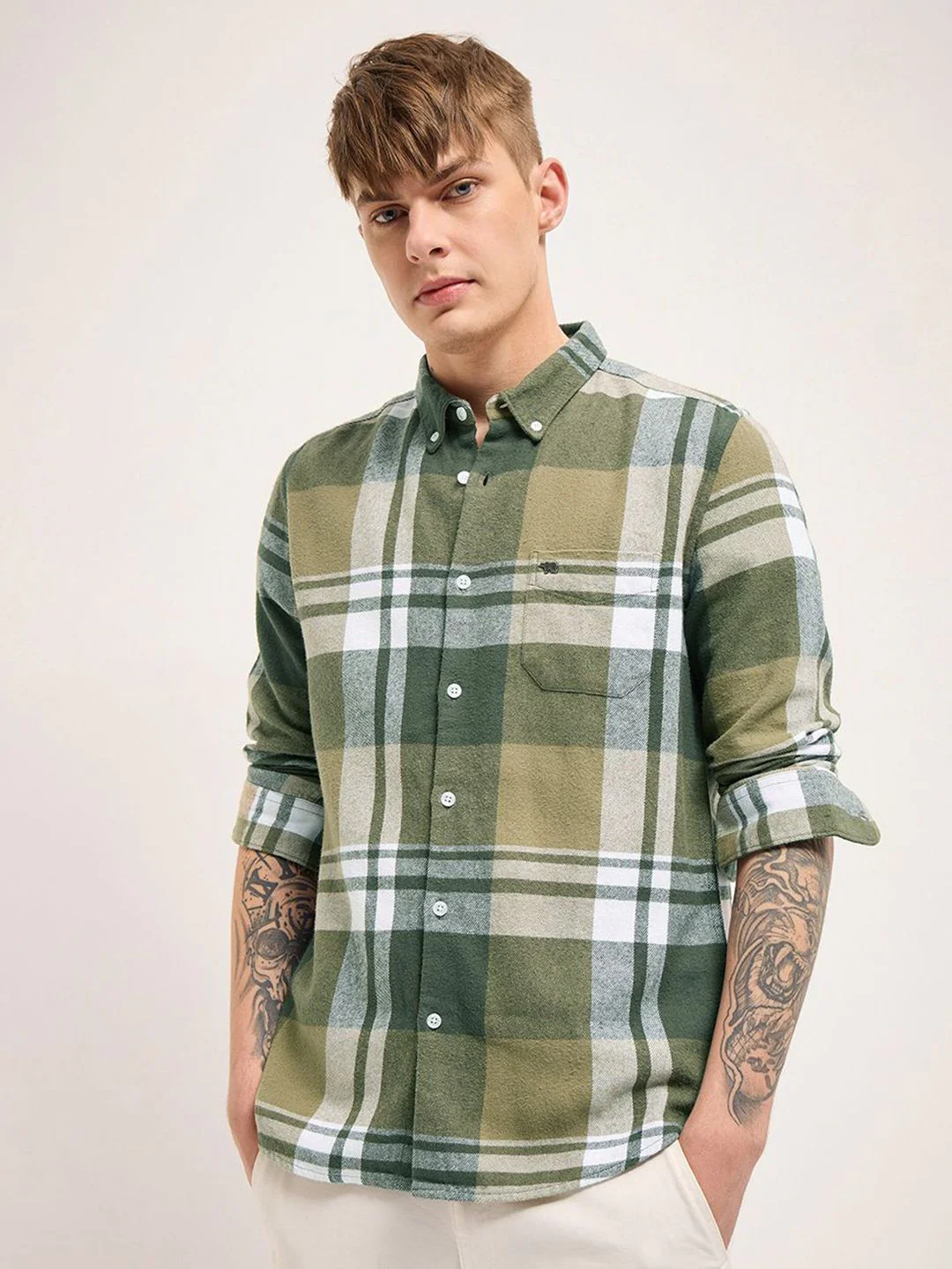 THE BEAR HOUSE Men Button-Down Collar Checked Cotton Slim Fit Casual Shirt - Image 5