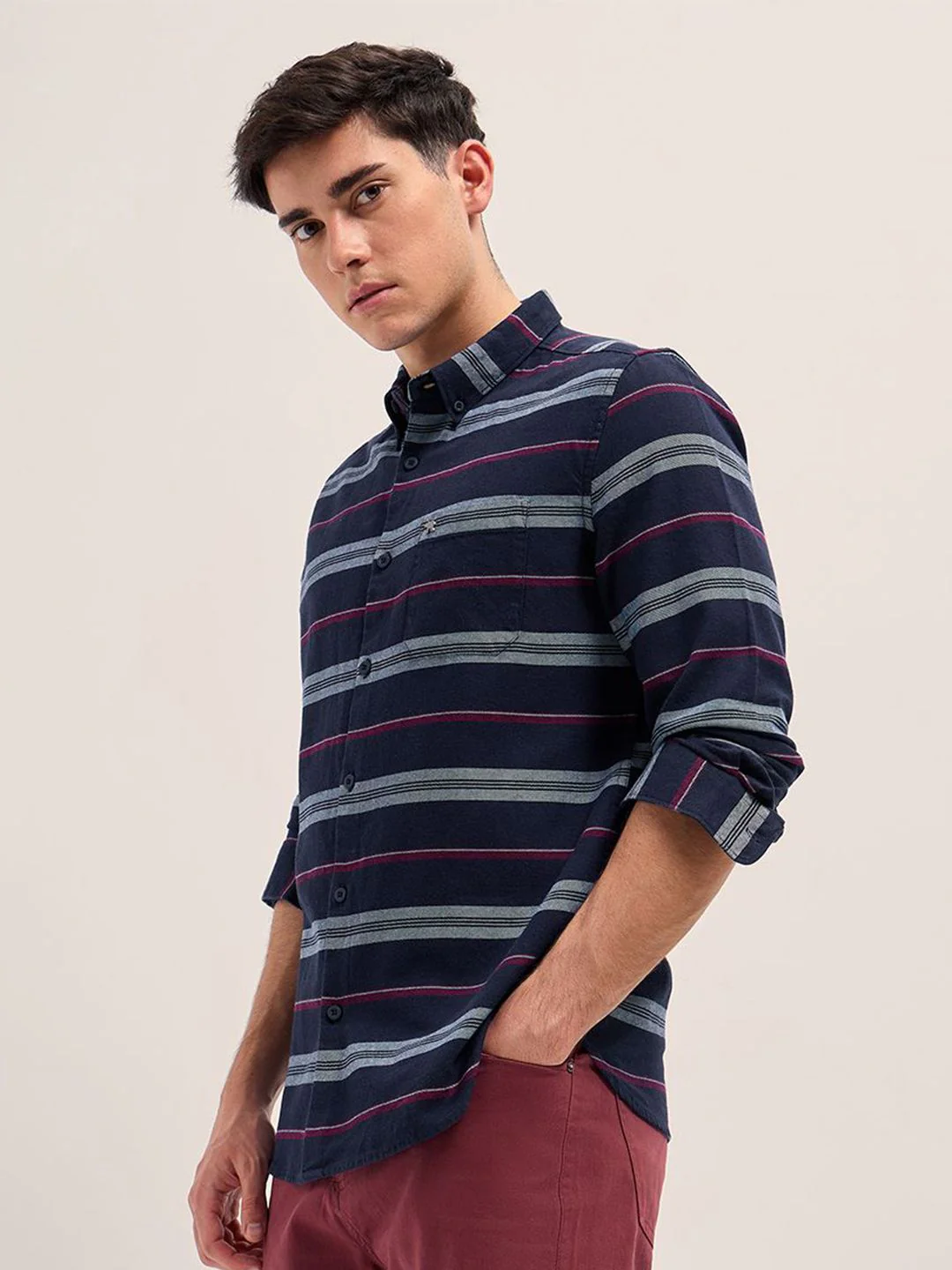THE BEAR HOUSE Men Button-Down Collar Horizontal Striped Cotton Slim Fit Casual Shirt - Image 5