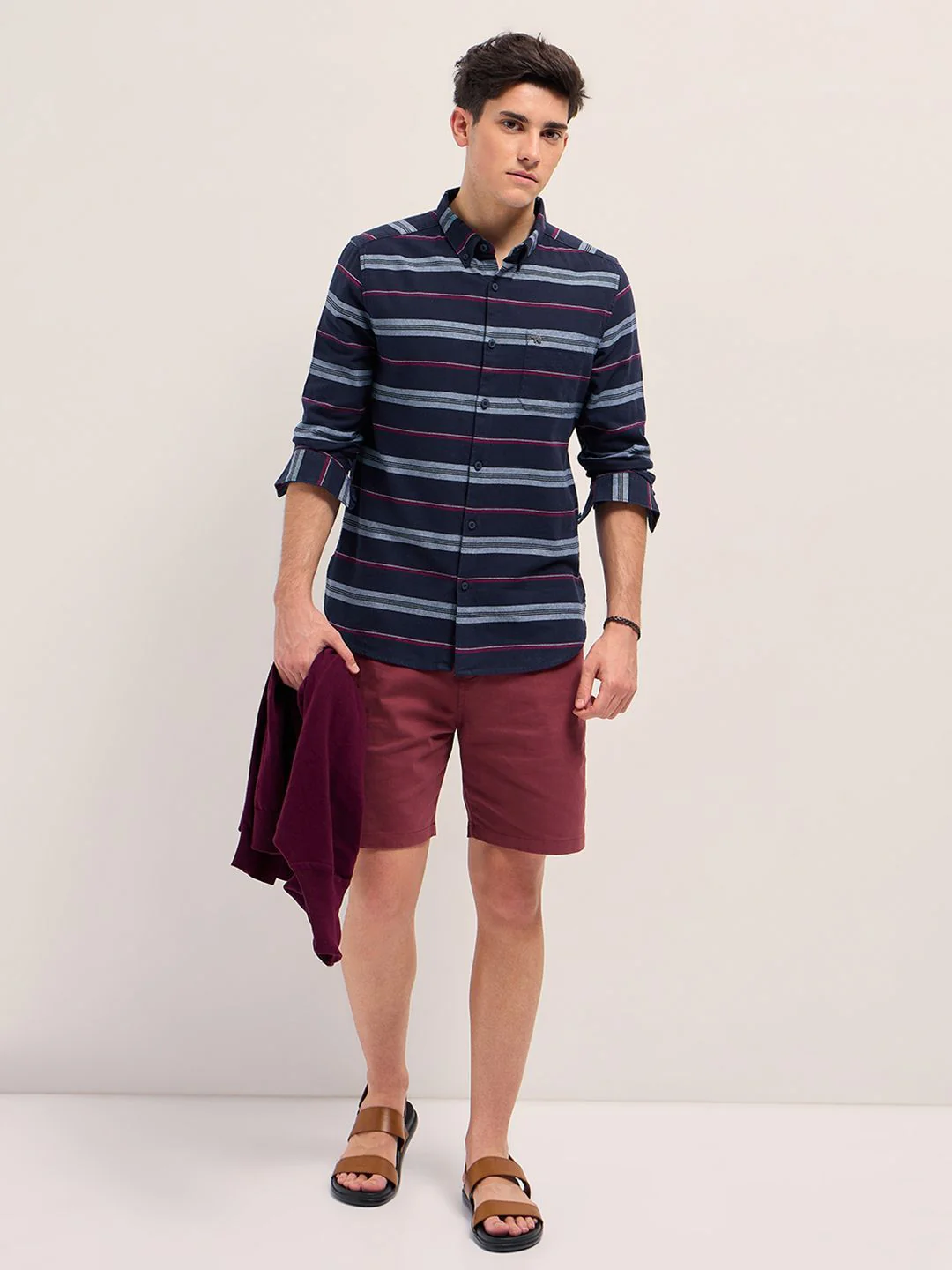 THE BEAR HOUSE Men Button-Down Collar Horizontal Striped Cotton Slim Fit Casual Shirt - Image 6