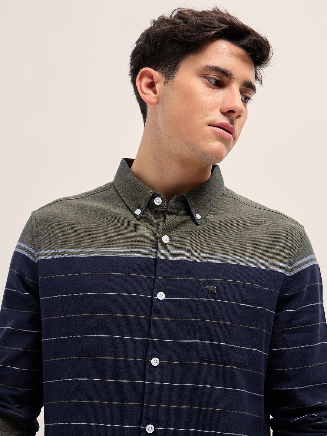 THE BEAR HOUSE Men Button-Down Collar Horizontal Striped Cotton Slim Fit Casual Shirt - Image 3
