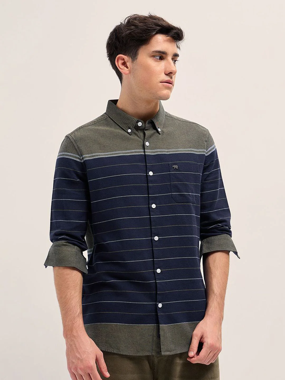 THE BEAR HOUSE Men Button-Down Collar Horizontal Striped Cotton Slim Fit Casual Shirt - Image 5