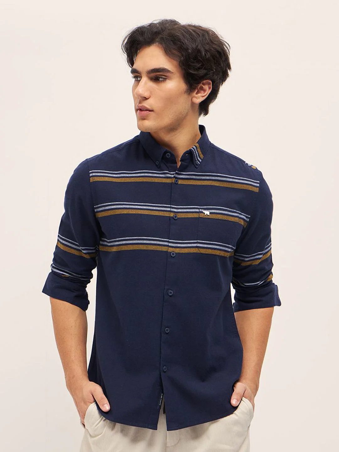 THE BEAR HOUSE Men Button-Down Collar Multi Striped Cotton Slim Fit Casual Shirt - Image 2