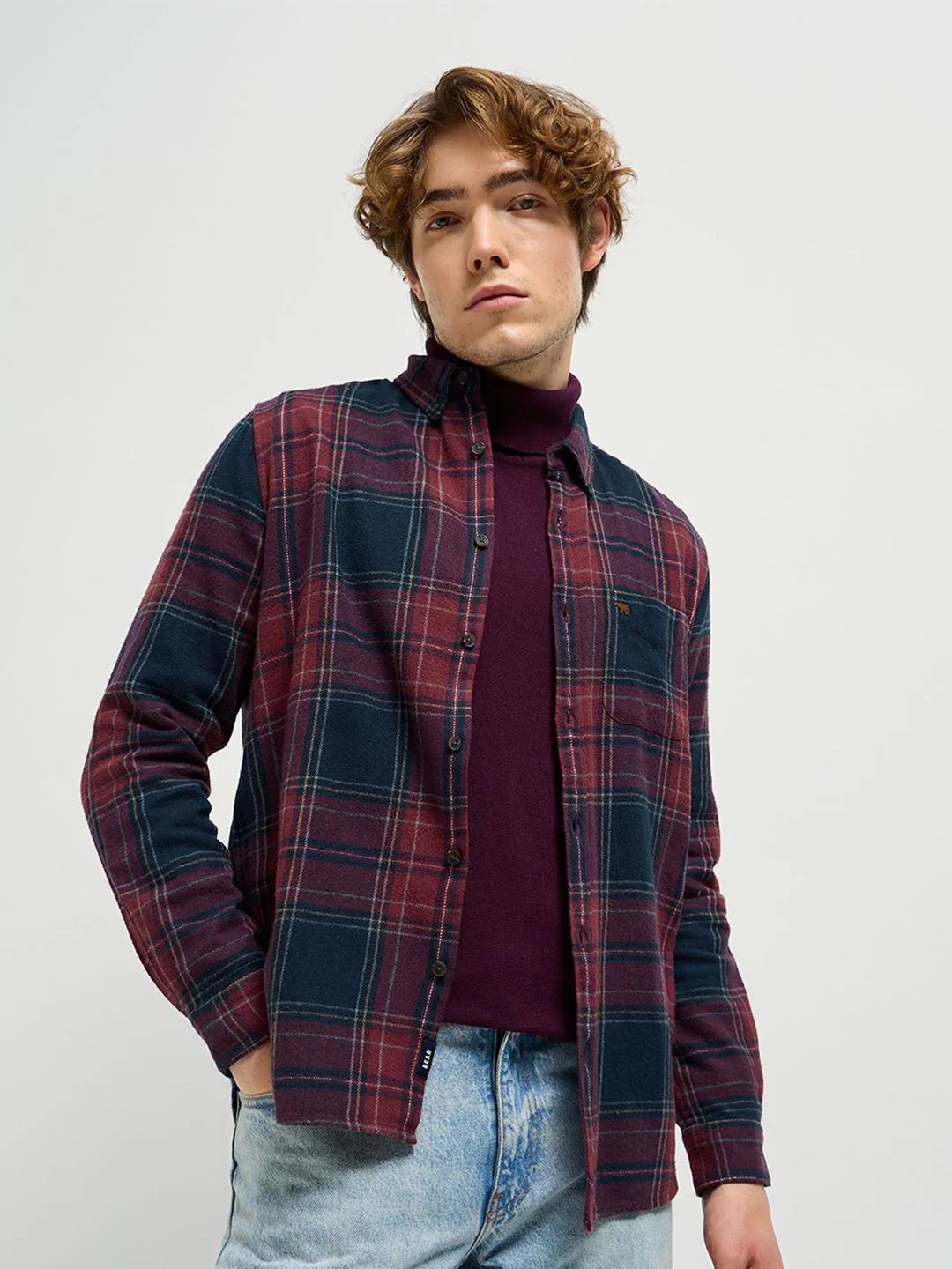 THE BEAR HOUSE Men Button-Down Collar Tartan Checked Cotton Casual Shirt