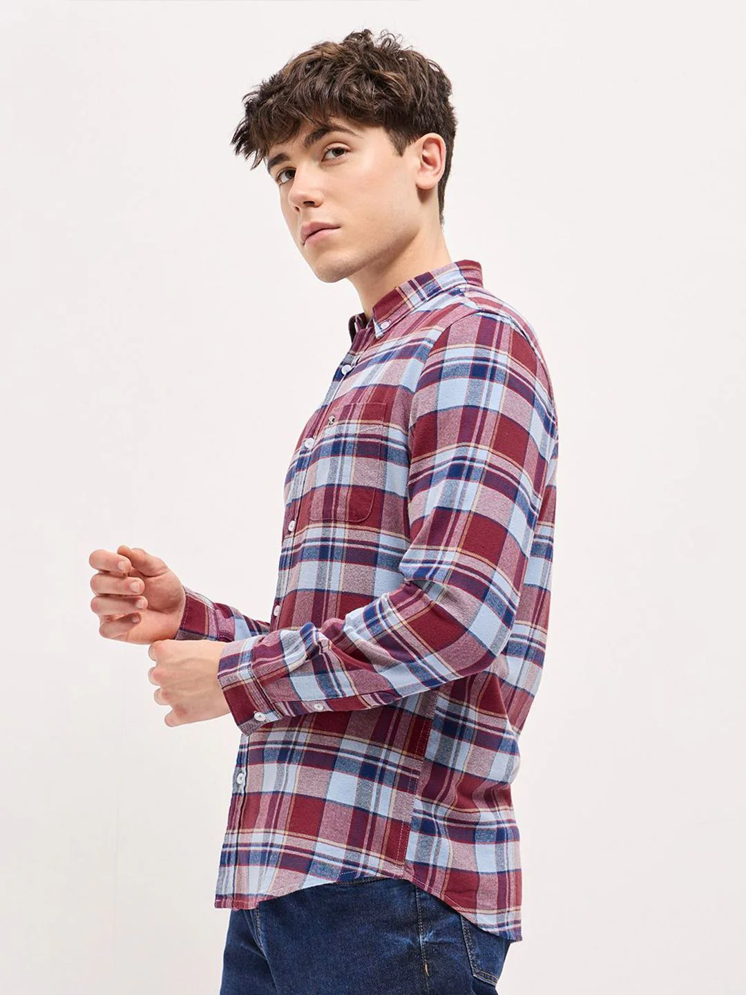 THE BEAR HOUSE Button-Down Collar Tartan Checked Pure Cotton Slim Fit Shirt - Image 5