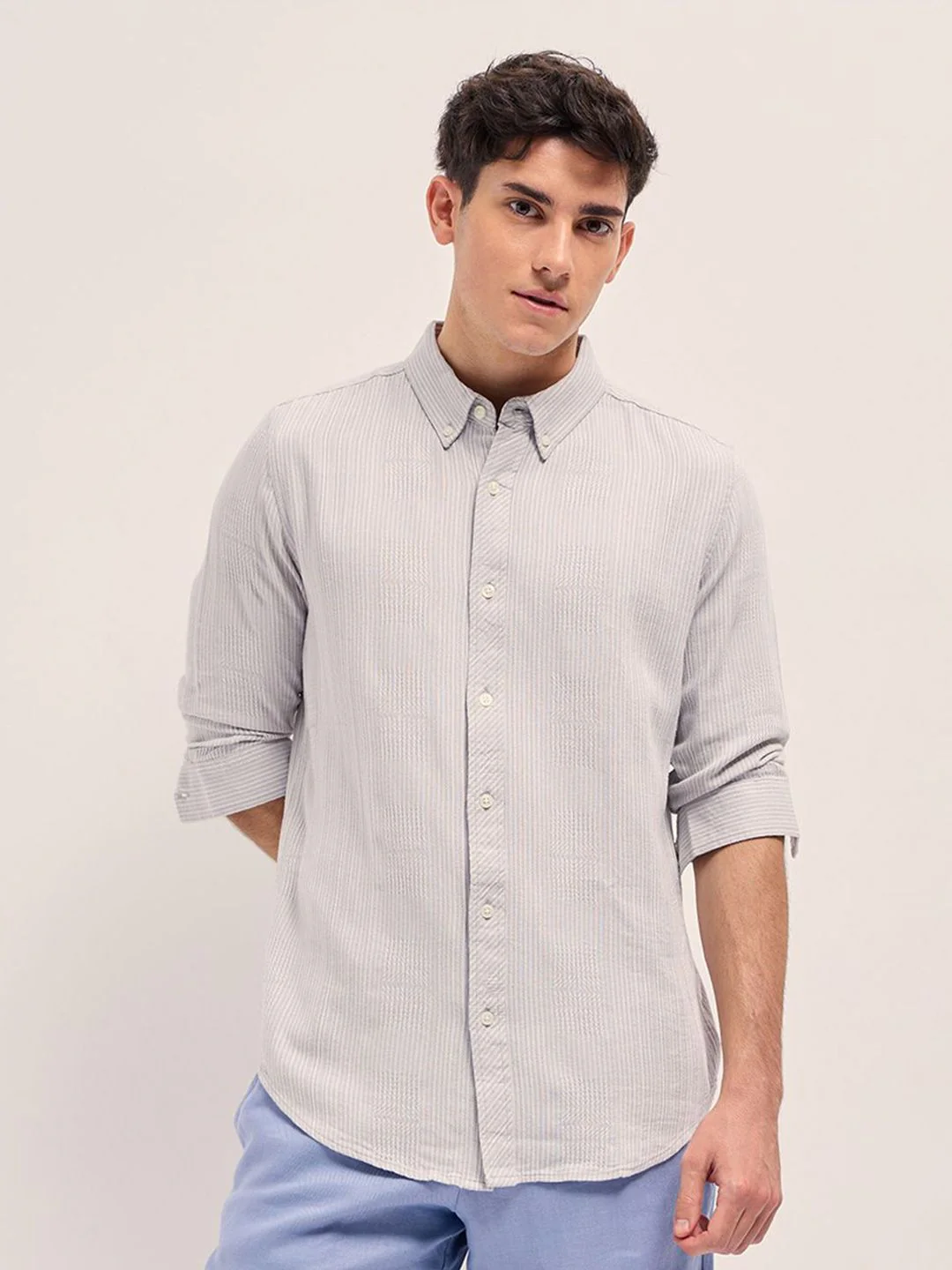 THE BEAR HOUSE Men Button-Down Collar Vertical Striped Pure Cotton Slim Fit Casual Shirt - Image 2