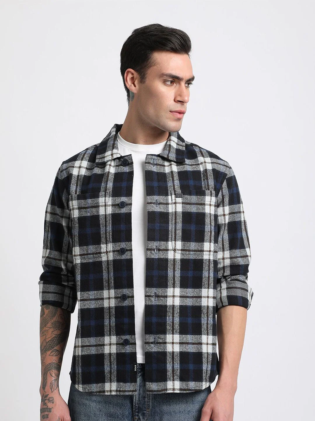THE BEAR HOUSE Men Checked Regular Fit Heavy Flannel Pure Cotton Shacket