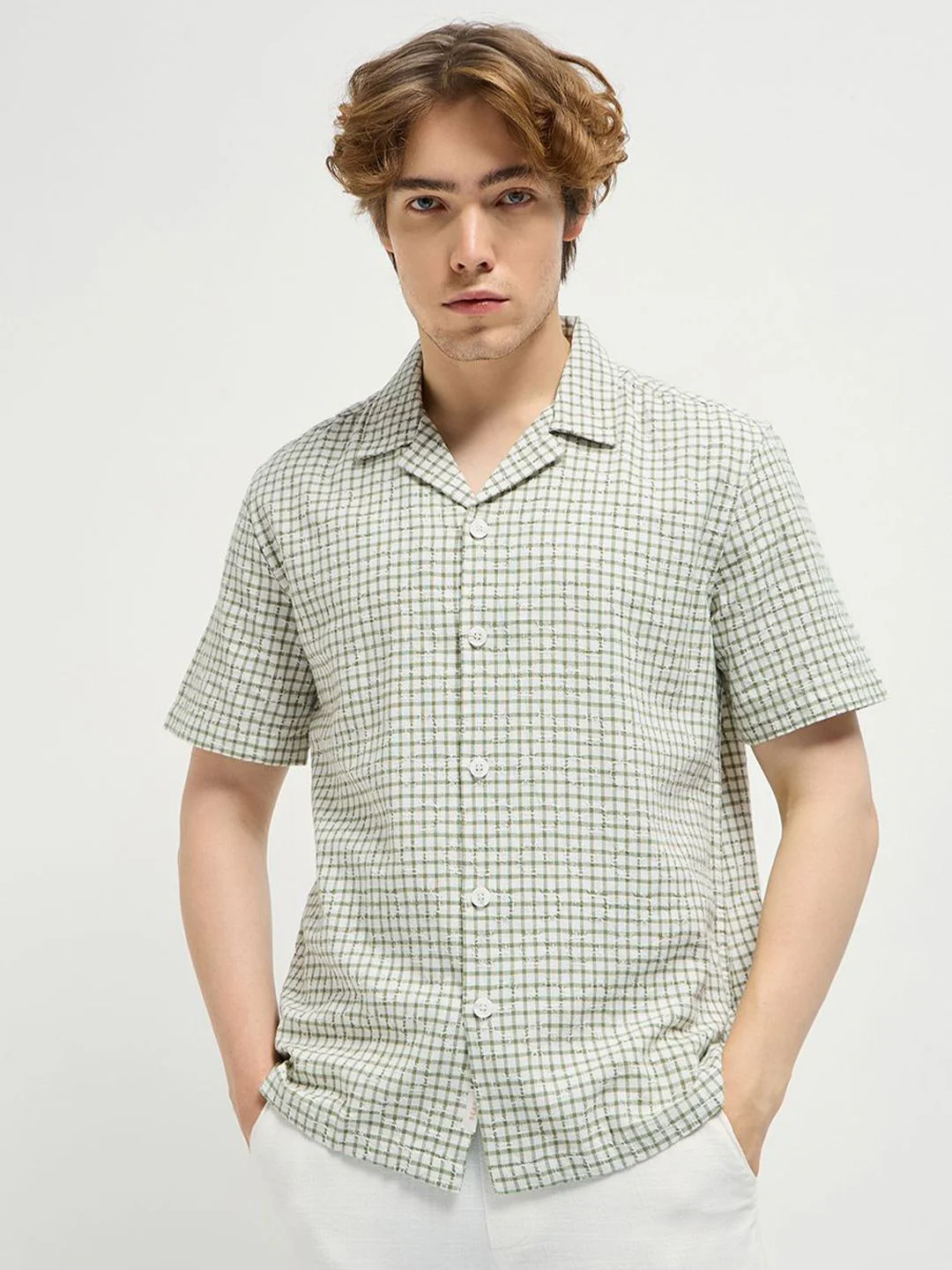 THE BEAR HOUSE Men Cuban Collar Micro Checked Cotton Casual Shirt - Image 2