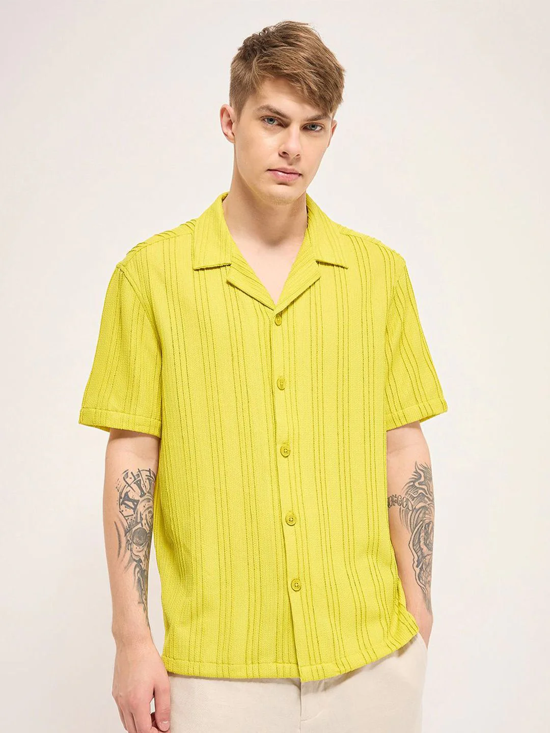 THE BEAR HOUSE Men Cuban Collar Vertical Striped Casual Shirt - Image 2