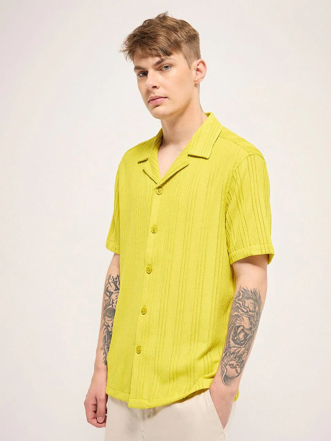 THE BEAR HOUSE Men Cuban Collar Vertical Striped Casual Shirt - Image 5
