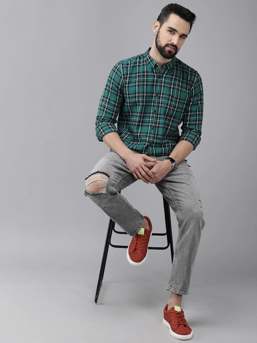 THE BEAR HOUSE Men Green & Black Slim Fit Checked Flannel Cotton Casual Shirt - Image 6
