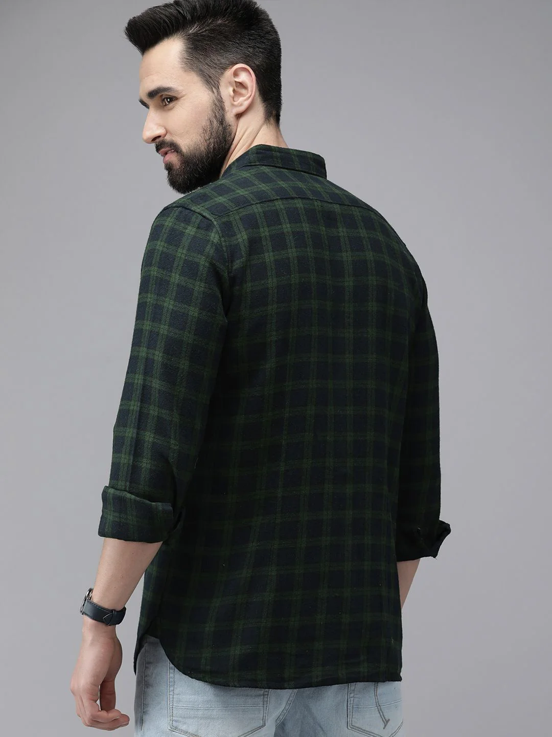 THE BEAR HOUSE Men Green & Navy Blue Slim Fit Checked Flannel Cotton Casual Shirt - Image 4