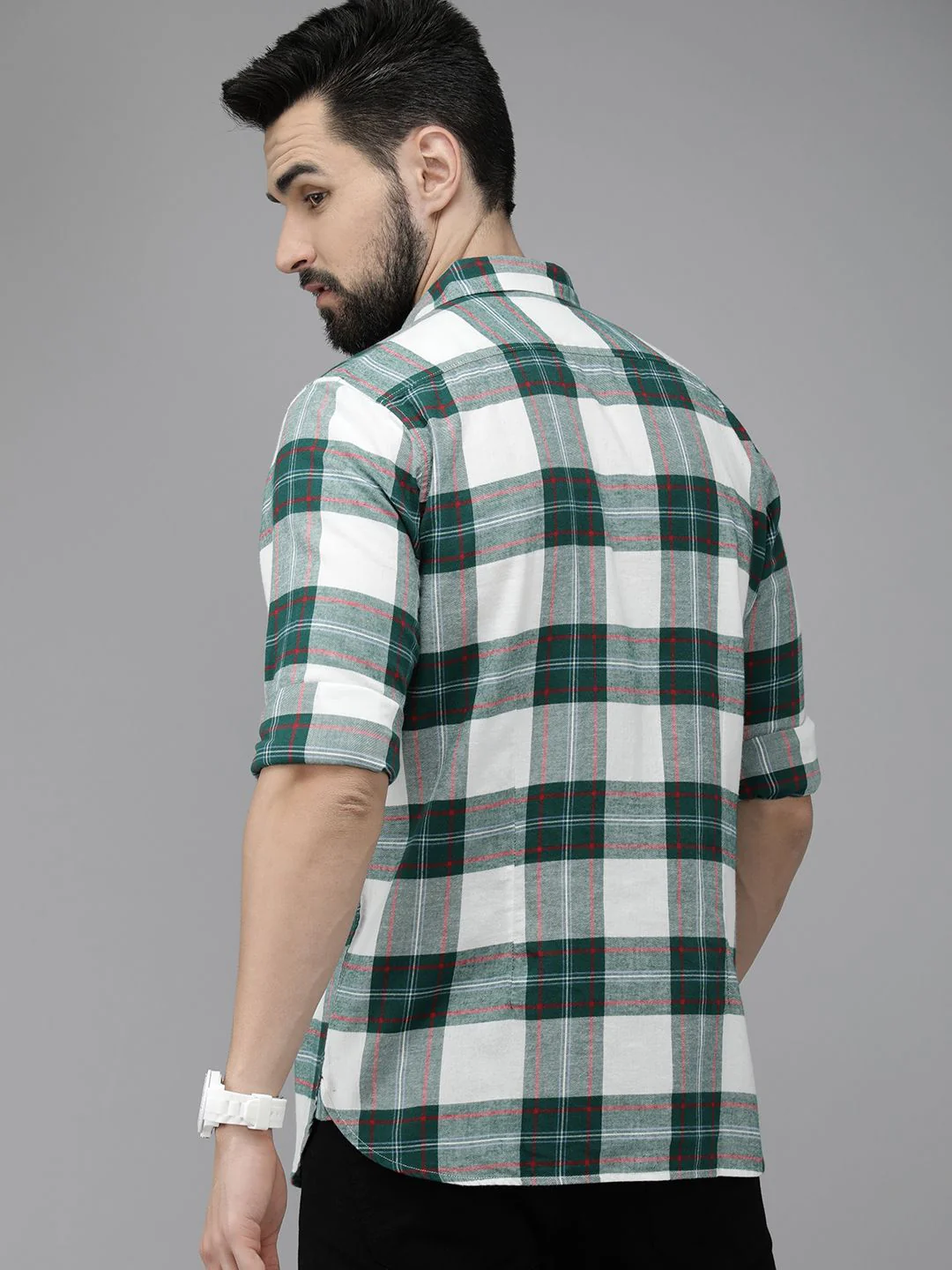 THE BEAR HOUSE Men Green Pure 8Checked Slim Fit Flannel Casual Shirt - Image 4