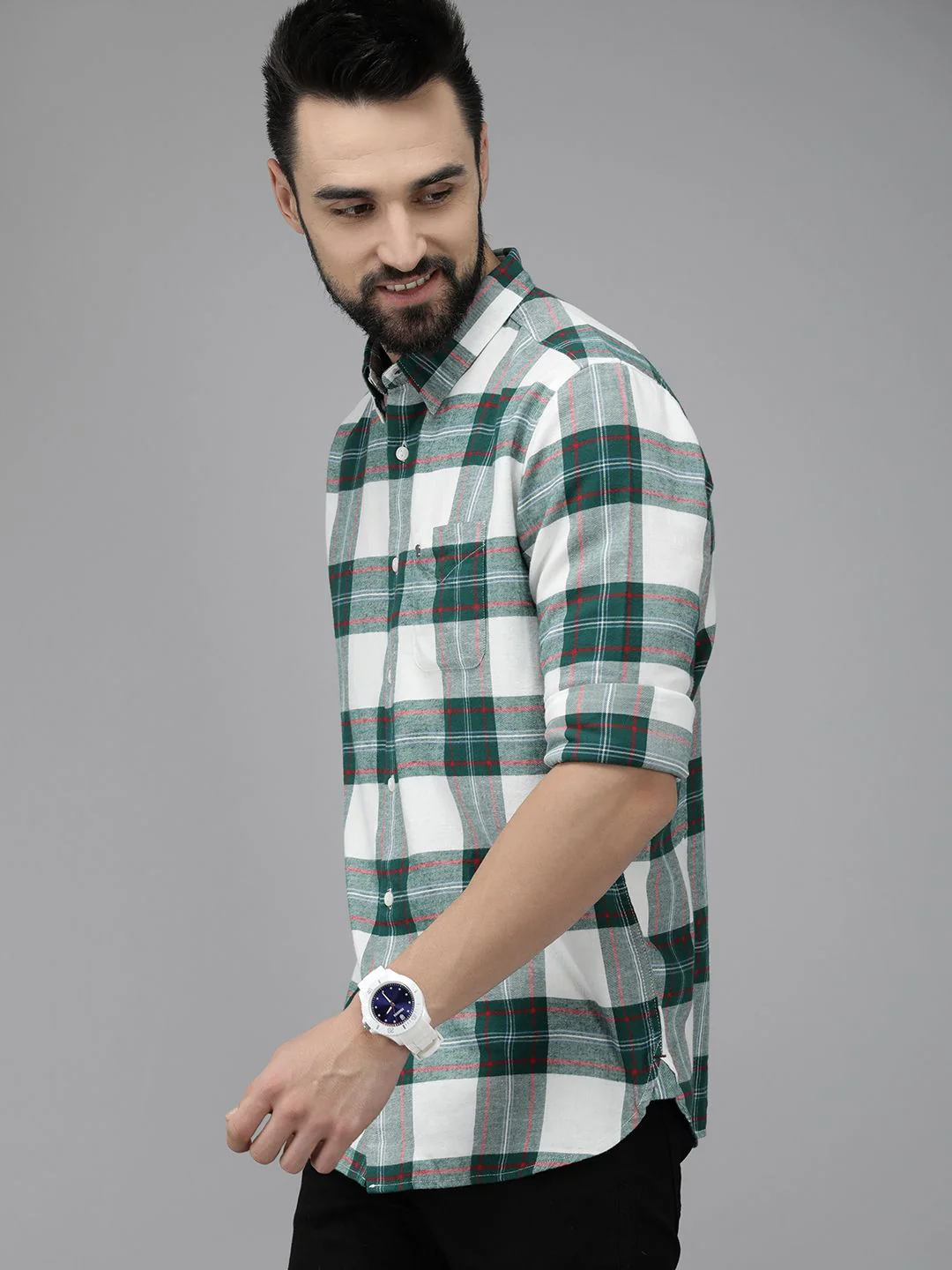 THE BEAR HOUSE Men Green Pure 8Checked Slim Fit Flannel Casual Shirt - Image 5
