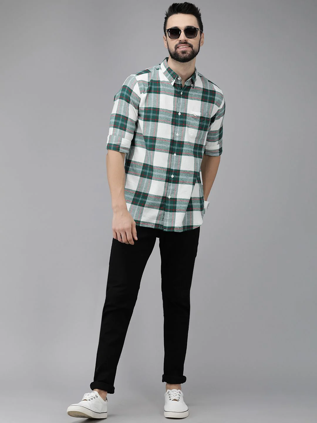 THE BEAR HOUSE Men Green Pure 8Checked Slim Fit Flannel Casual Shirt - Image 6