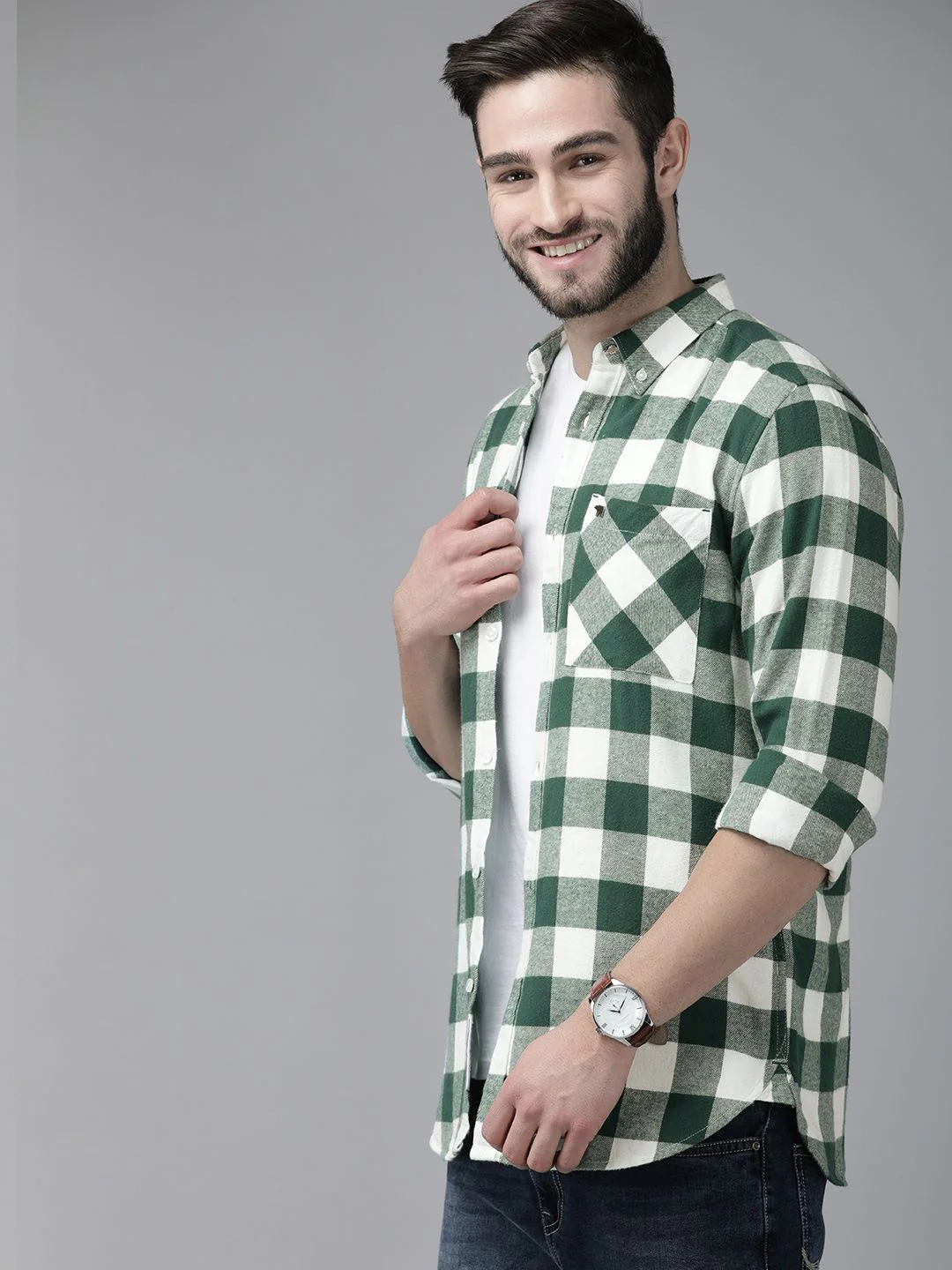 THE BEAR HOUSE Men Green Slim Fit Gingham Checks Checked Casual Shirt - Image 4