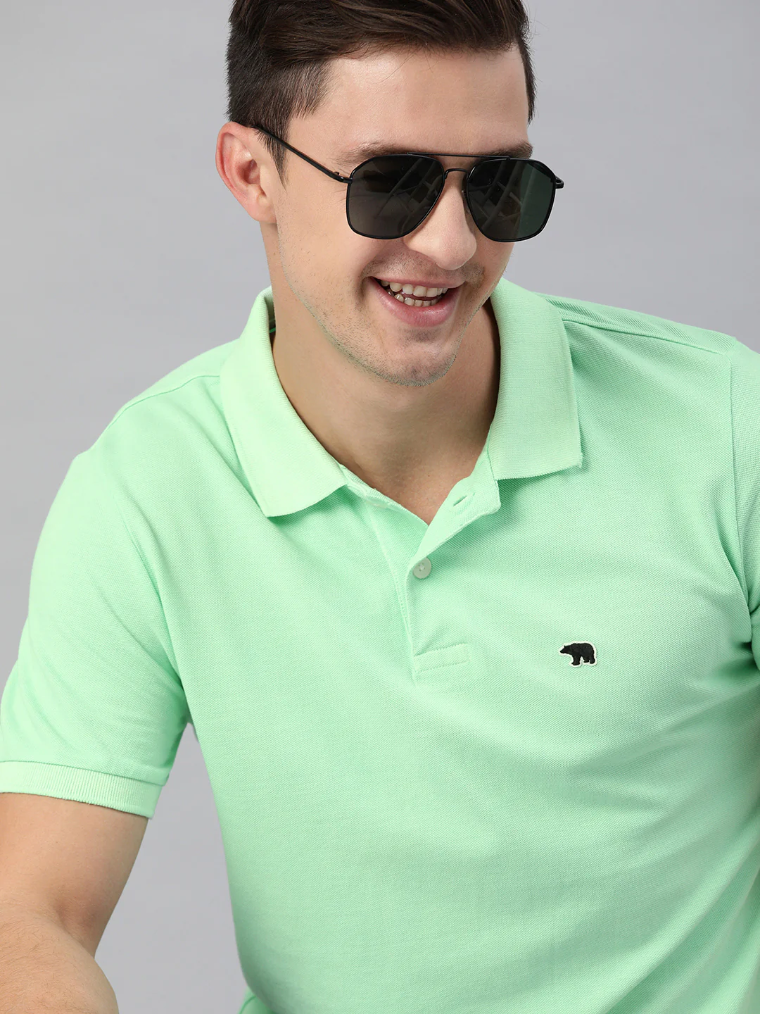 THE BEAR HOUSE Men Green Solid Polo Collar Pure Cotton T-shirt - Image 6
