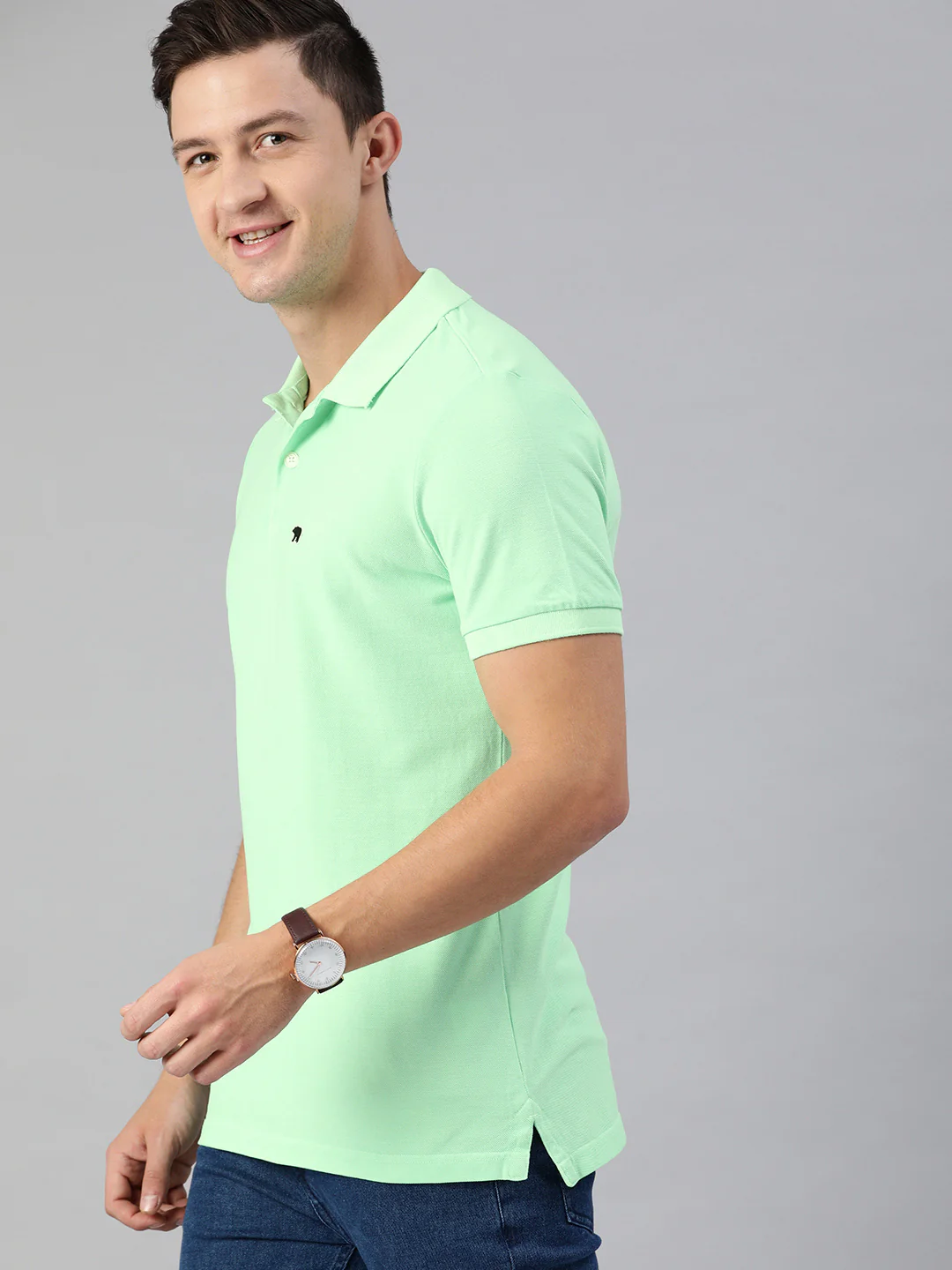 THE BEAR HOUSE Men Green Solid Polo Collar Pure Cotton T-shirt - Image 8