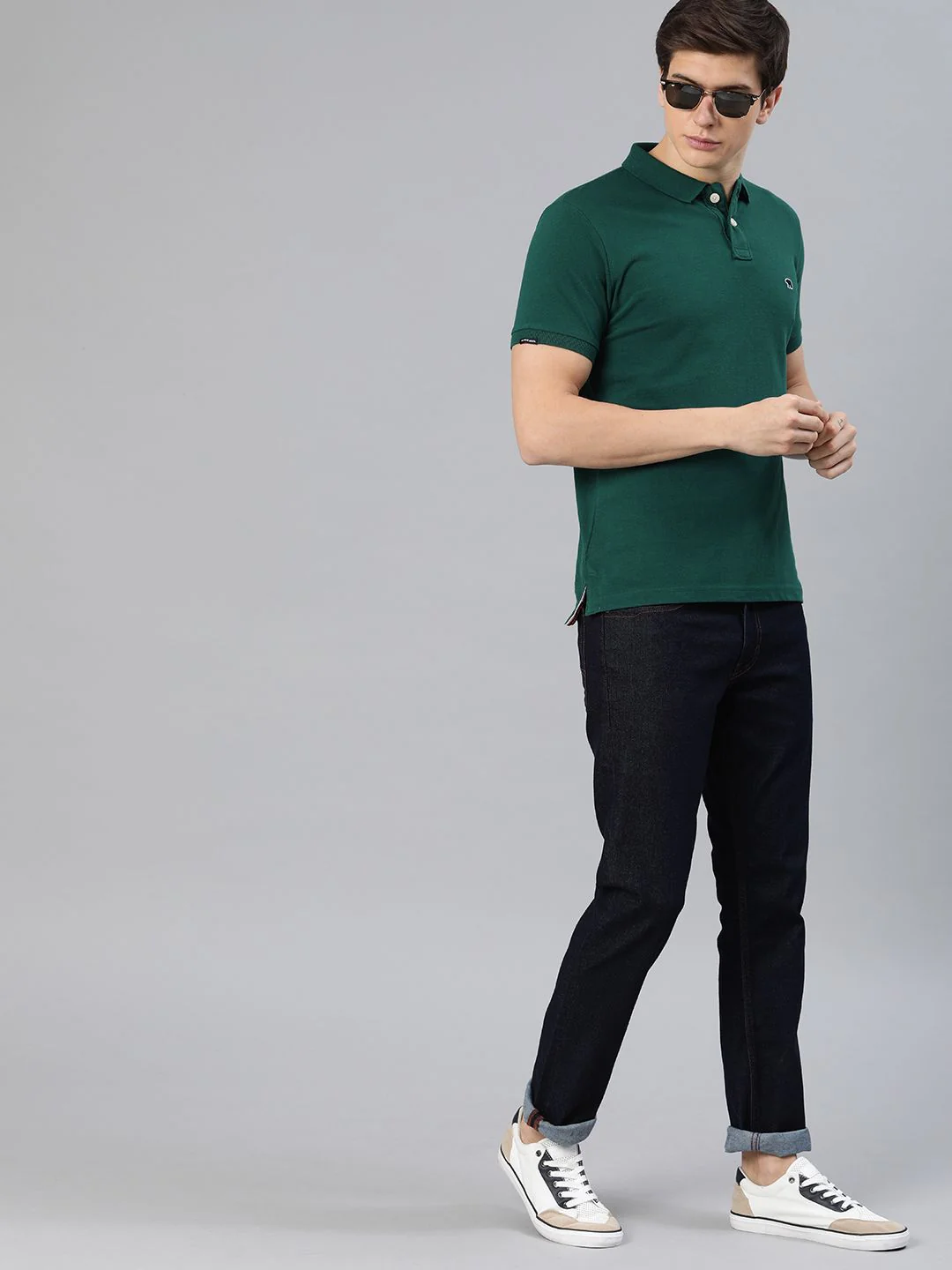 THE BEAR HOUSE Men Green Solid Slim Fit Polo Collar Pure Cotton T-shirt - Image 4