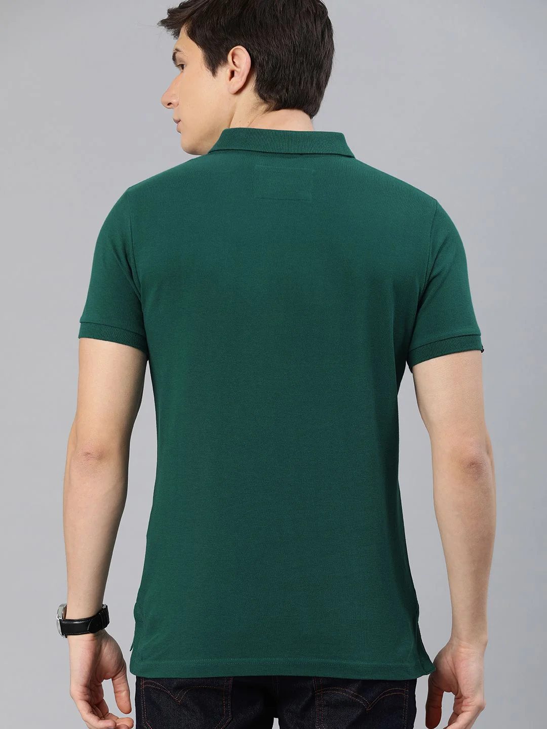 THE BEAR HOUSE Men Green Solid Slim Fit Polo Collar Pure Cotton T-shirt - Image 5