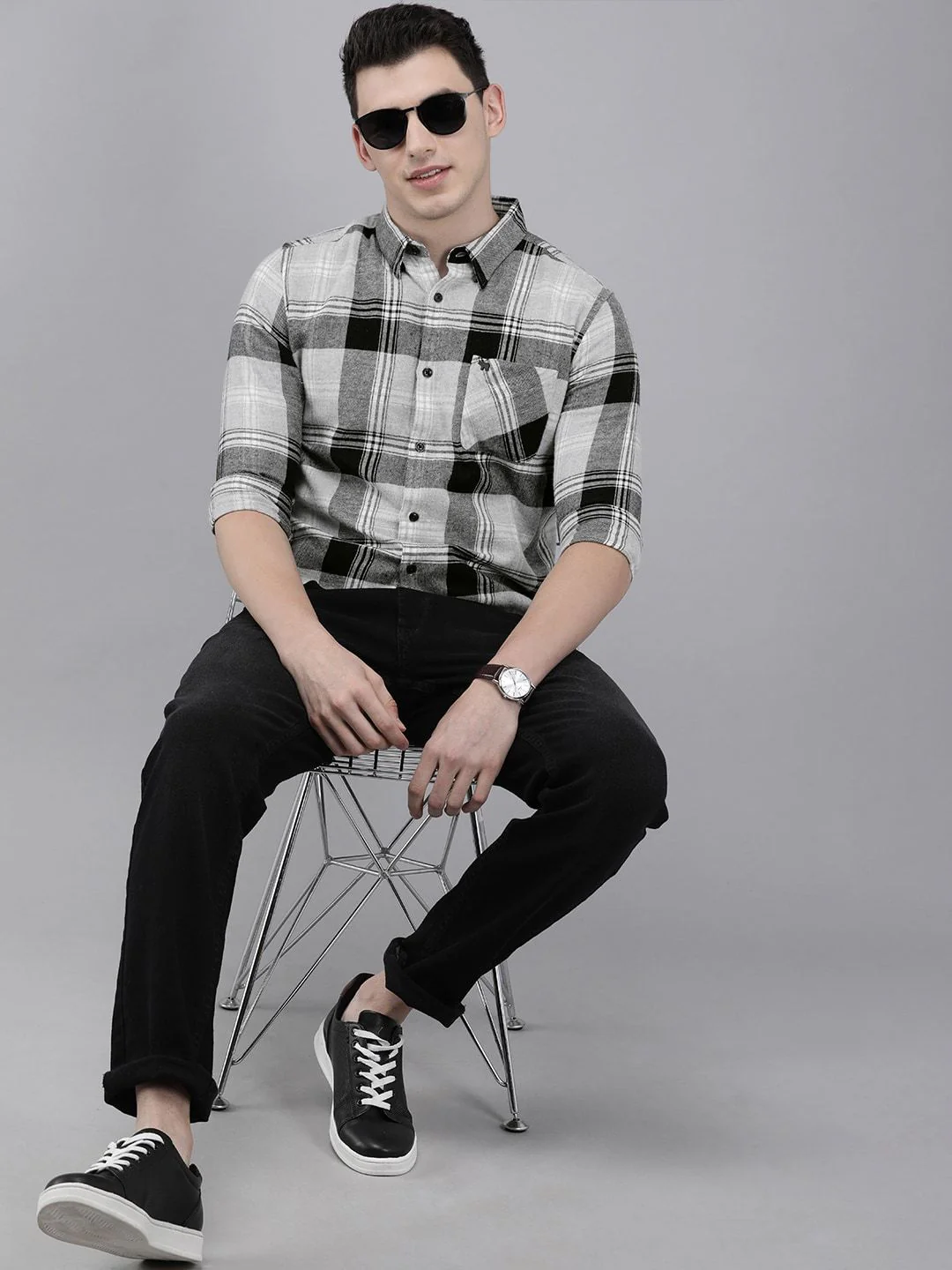 THE BEAR HOUSE Men Grey & Black Pure Cotton Classic Slim Fit Checked Casual Flannel Shirt - Image 6