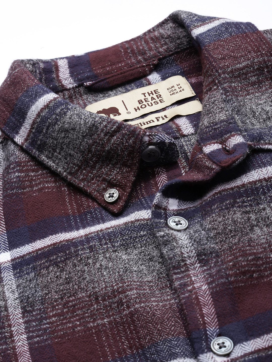 THE BEAR HOUSE Men Grey & Brown Slim Fit Tartan Checked Flannel Pure Cotton Casual Shirt - Image 2
