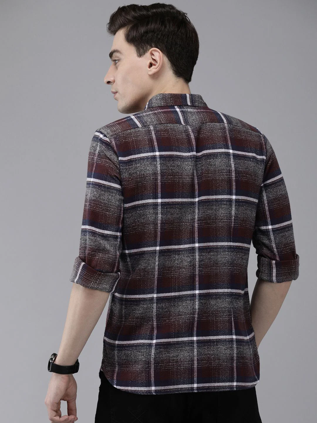 THE BEAR HOUSE Men Grey & Brown Slim Fit Tartan Checked Flannel Pure Cotton Casual Shirt - Image 4