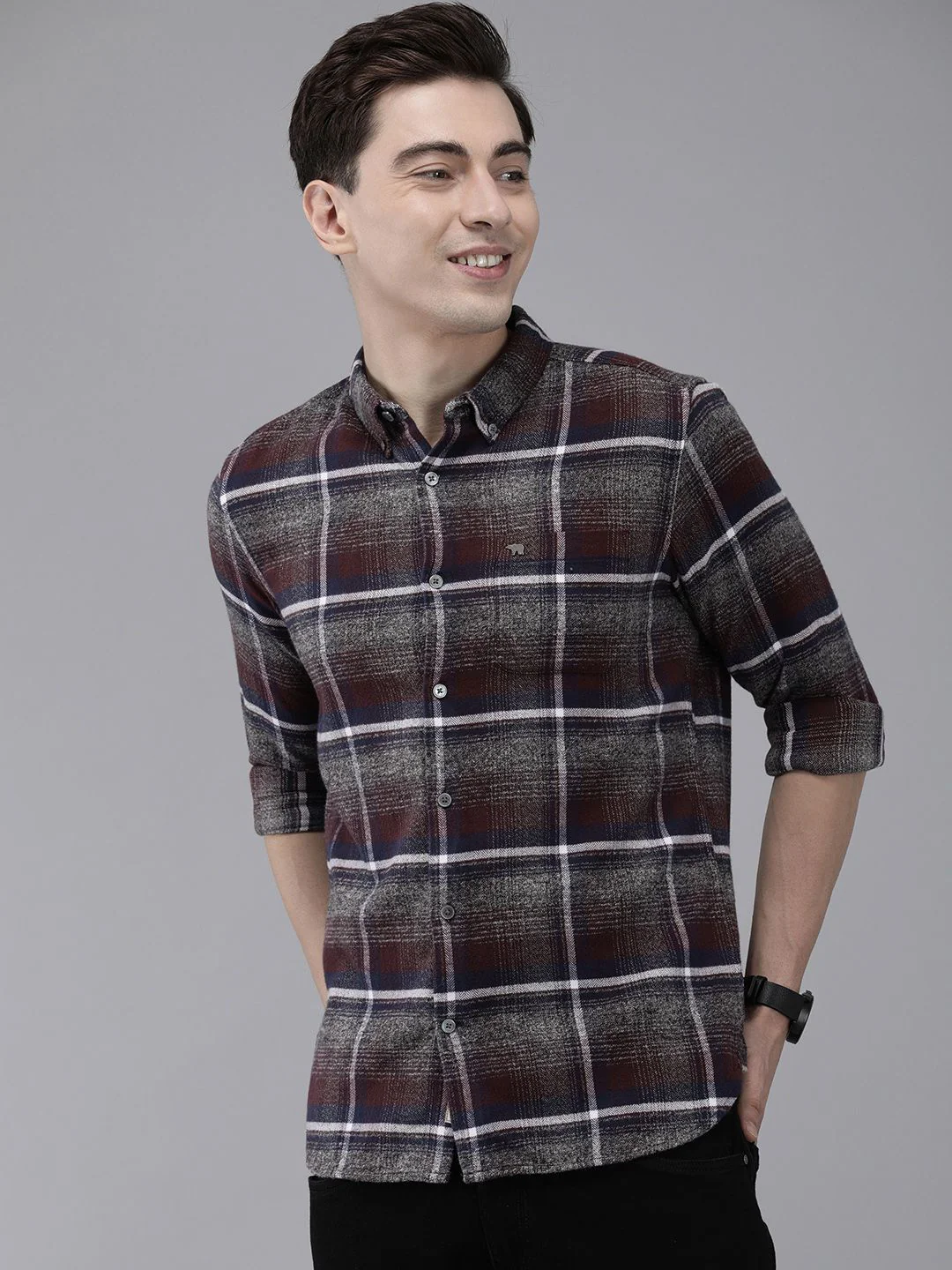 THE BEAR HOUSE Men Grey & Brown Slim Fit Tartan Checked Flannel Pure Cotton Casual Shirt - Image 5