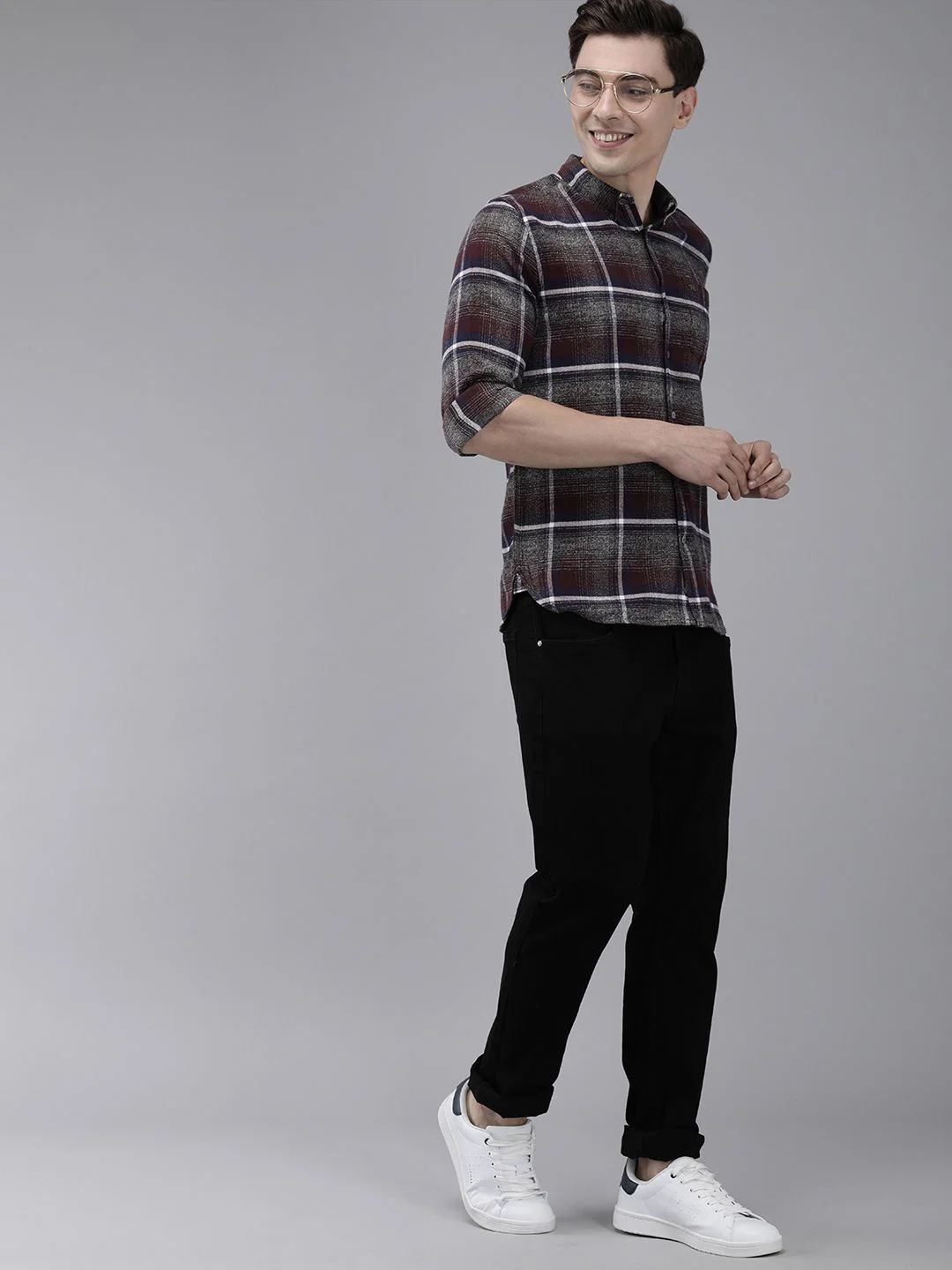 THE BEAR HOUSE Men Grey & Brown Slim Fit Tartan Checked Flannel Pure Cotton Casual Shirt - Image 6