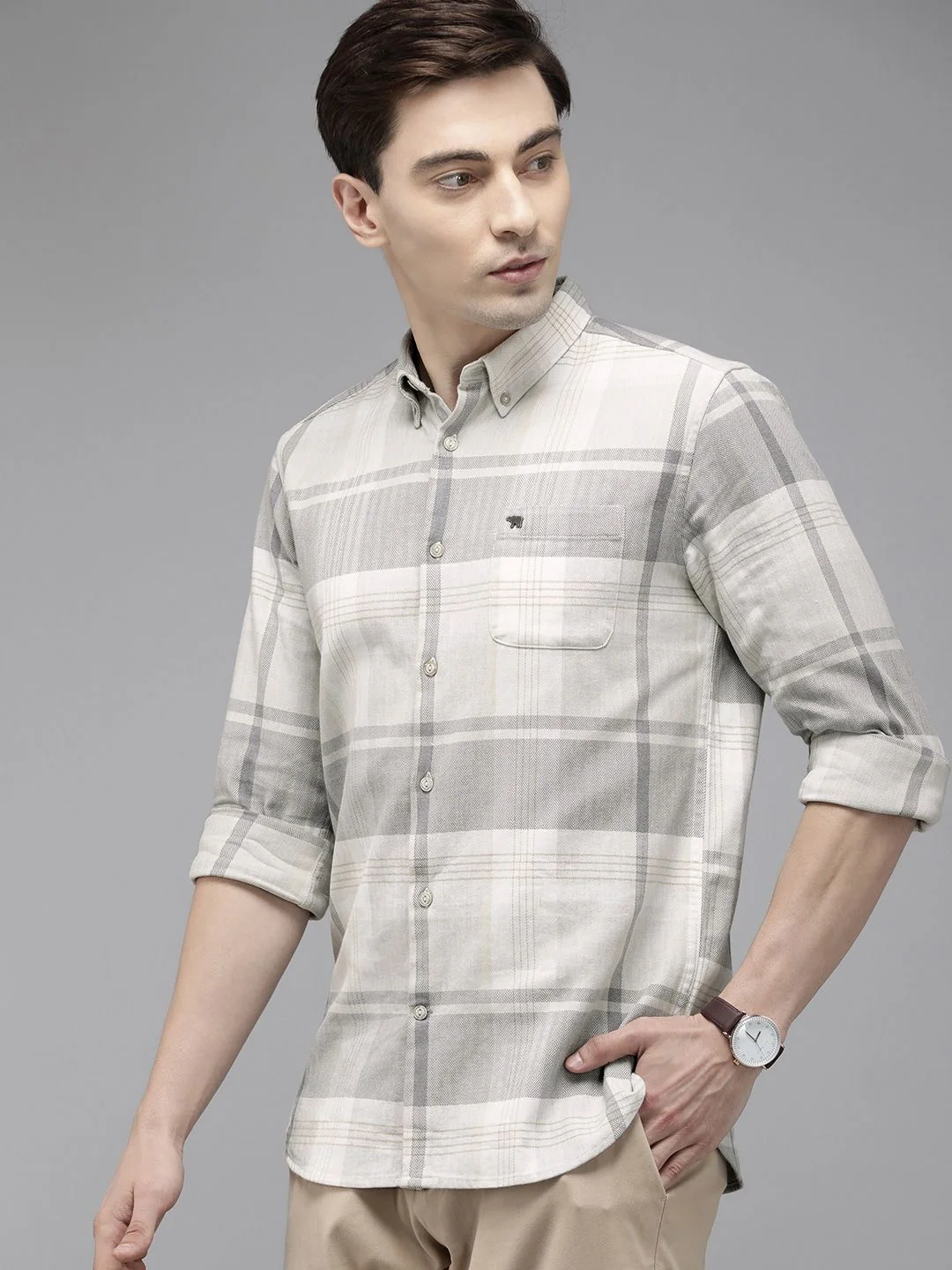 THE BEAR HOUSE Men Grey Slim Fit Pure Cotton Checked Casual Shirt - Image 3
