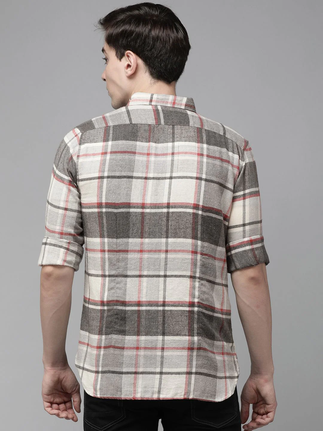 THE BEAR HOUSE Men Grey Slim Fit Pure Cotton Checked Casual Shirt - Image 4
