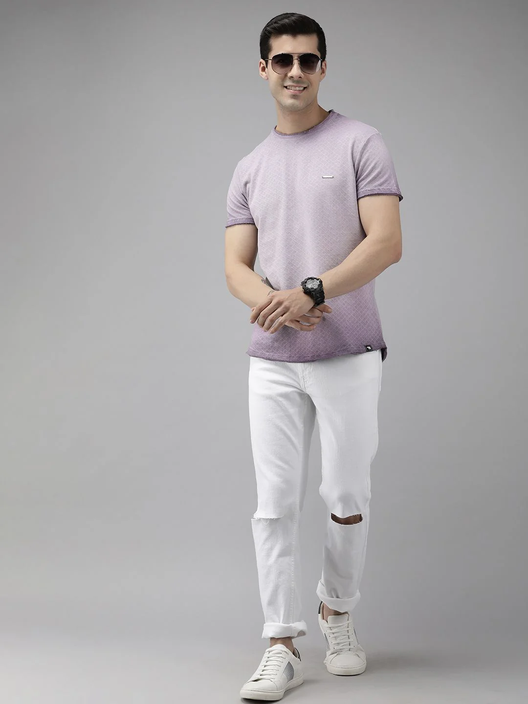 THE BEAR HOUSE Men Lavender Self Design Pure Cotton Slim Fit T-shirt - Image 4